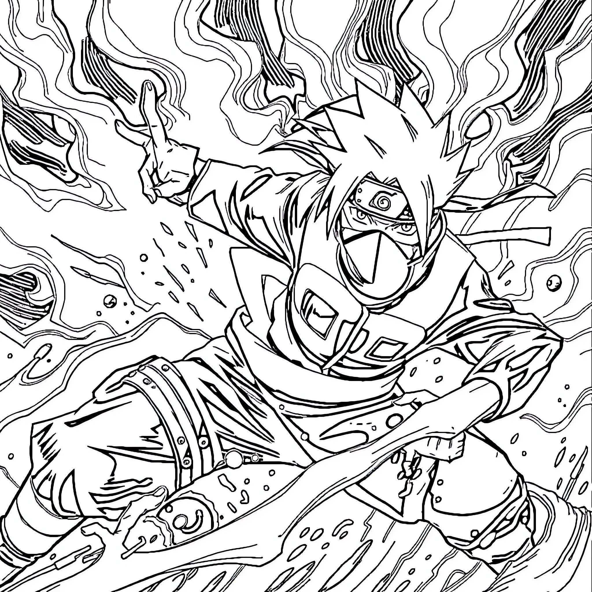 Kakashi in Intense Battle Stance Coloring Page (free black-and-white line drawing printable PDF for all, from beginners to advanced learners, including children, teens, adults, and seniors)