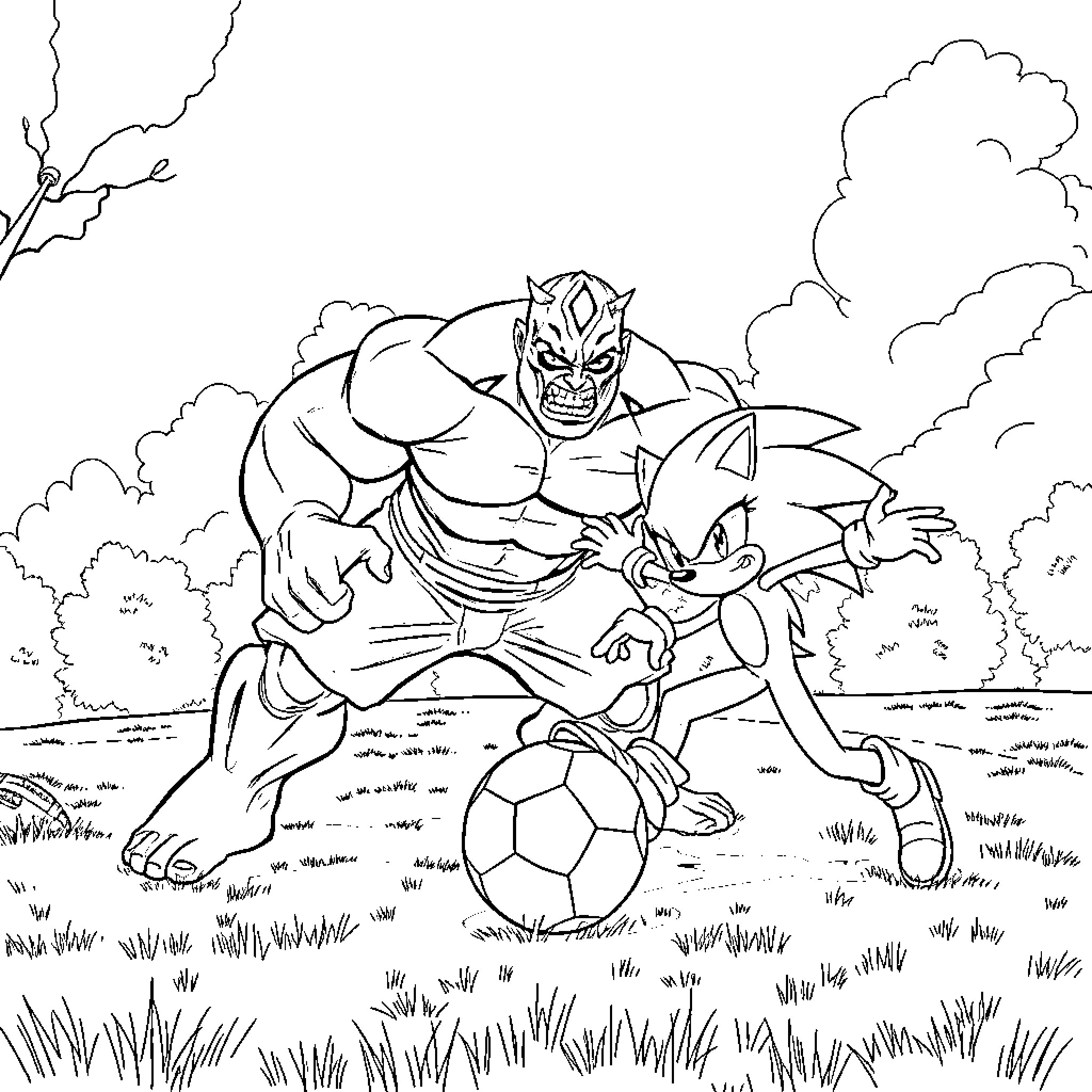 Hulk and Sonic playing soccer in the park Coloring Page (free black-and-white line drawing printable PDF for all, from beginners to advanced learners, including children, teens, adults, and seniors)
