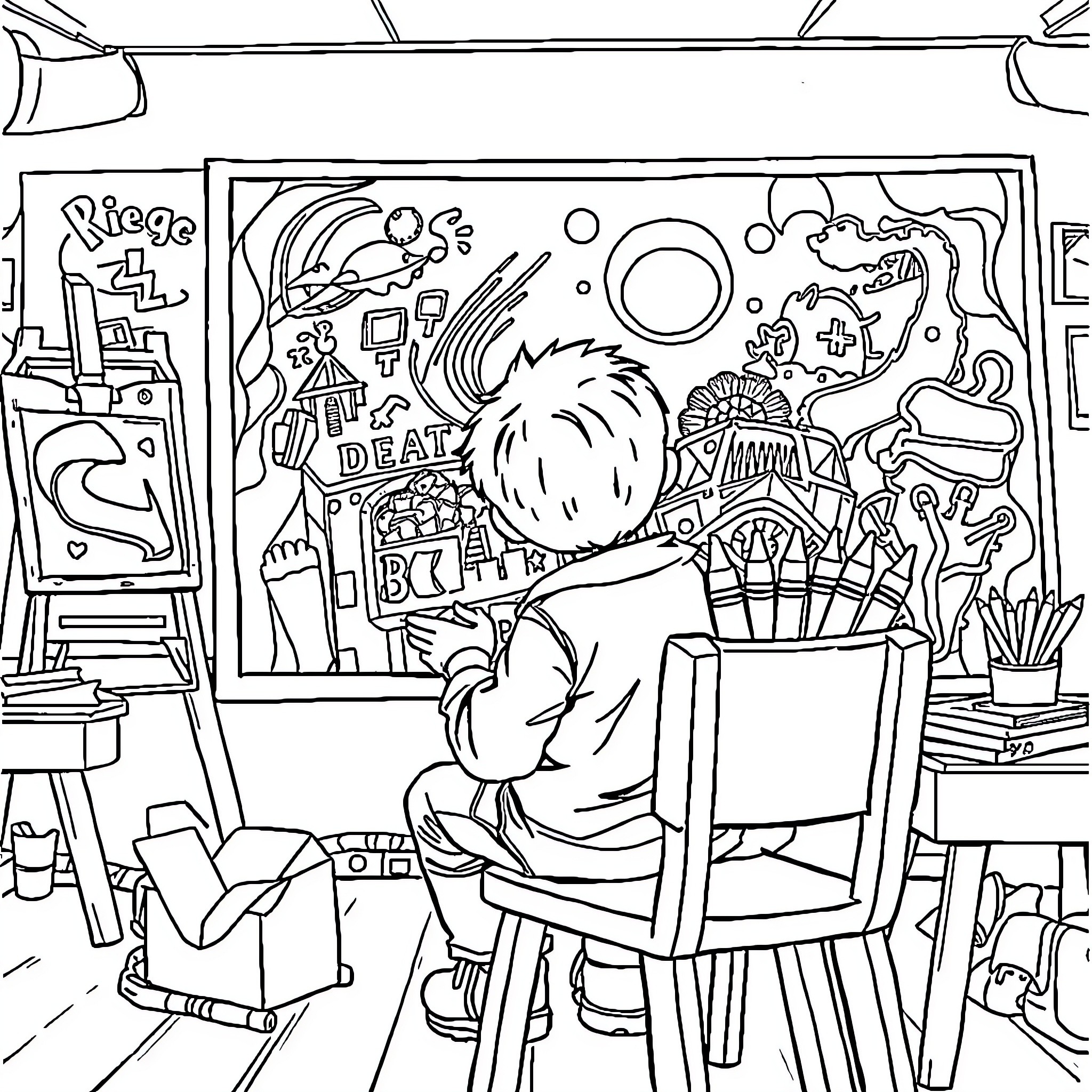 Enfant créatif dans un atelier inspirant Coloring Page (free black-and-white line drawing printable PDF for all, from beginners to advanced learners, including children, teens, adults, and seniors)