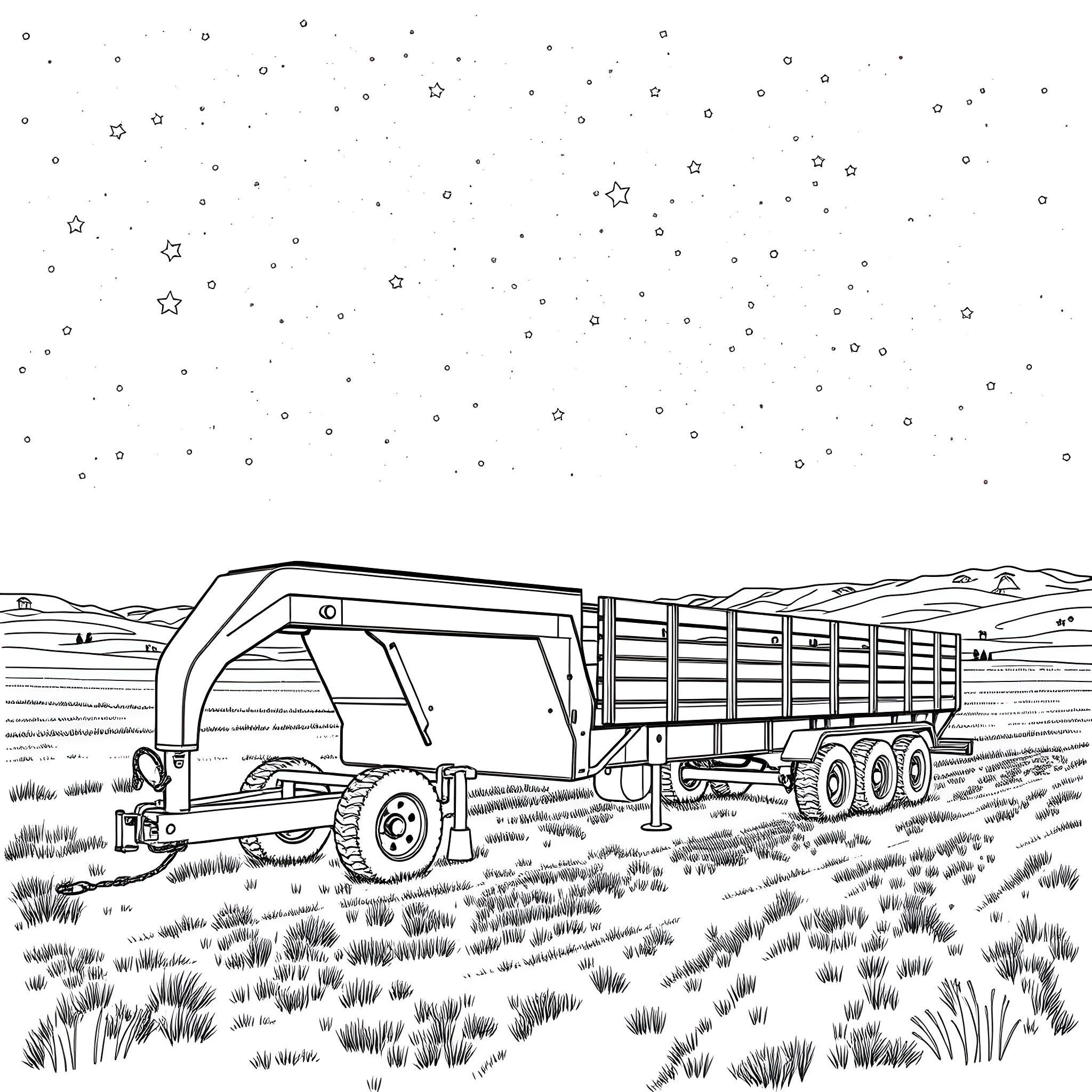 Gooseneck Trailer Transporting Agricultural Goods at Night Coloring Page (free black-and-white line drawing printable PDF for all, from beginners to advanced learners, including children, teens, adults, and seniors)