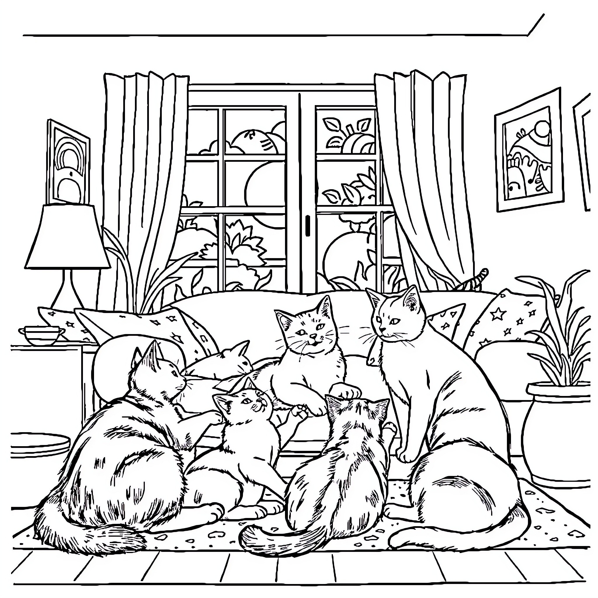 Cat Resting with Family in Cozy Room Coloring Page (free black-and-white line drawing printable PDF for all, from beginners to advanced learners, including children, teens, adults, and seniors)