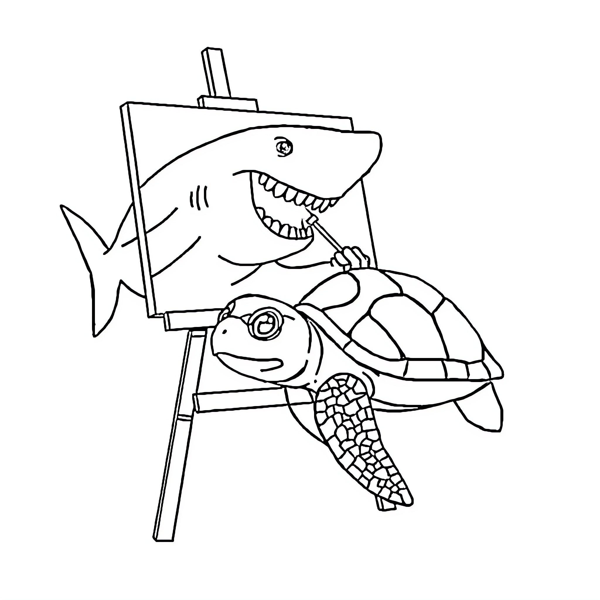 Shark painting a turtle on an easel Coloring Page (free black-and-white line drawing printable PDF for all, from beginners to advanced learners, including children, teens, adults, and seniors)