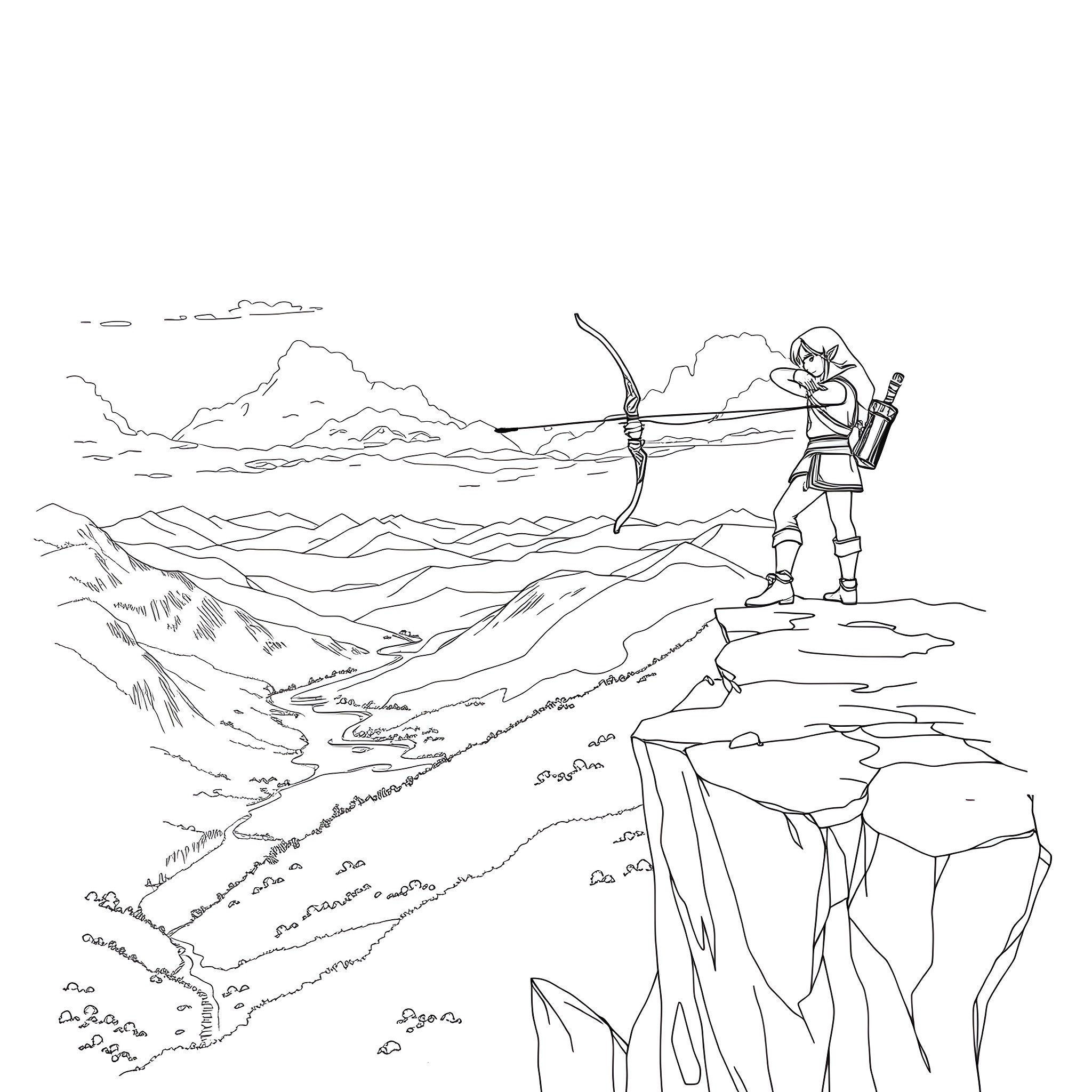 Link preparing to shoot an arrow in a mountainous landscape Coloring Page (free black-and-white line drawing printable PDF for all, from beginners to advanced learners, including children, teens, adults, and seniors)