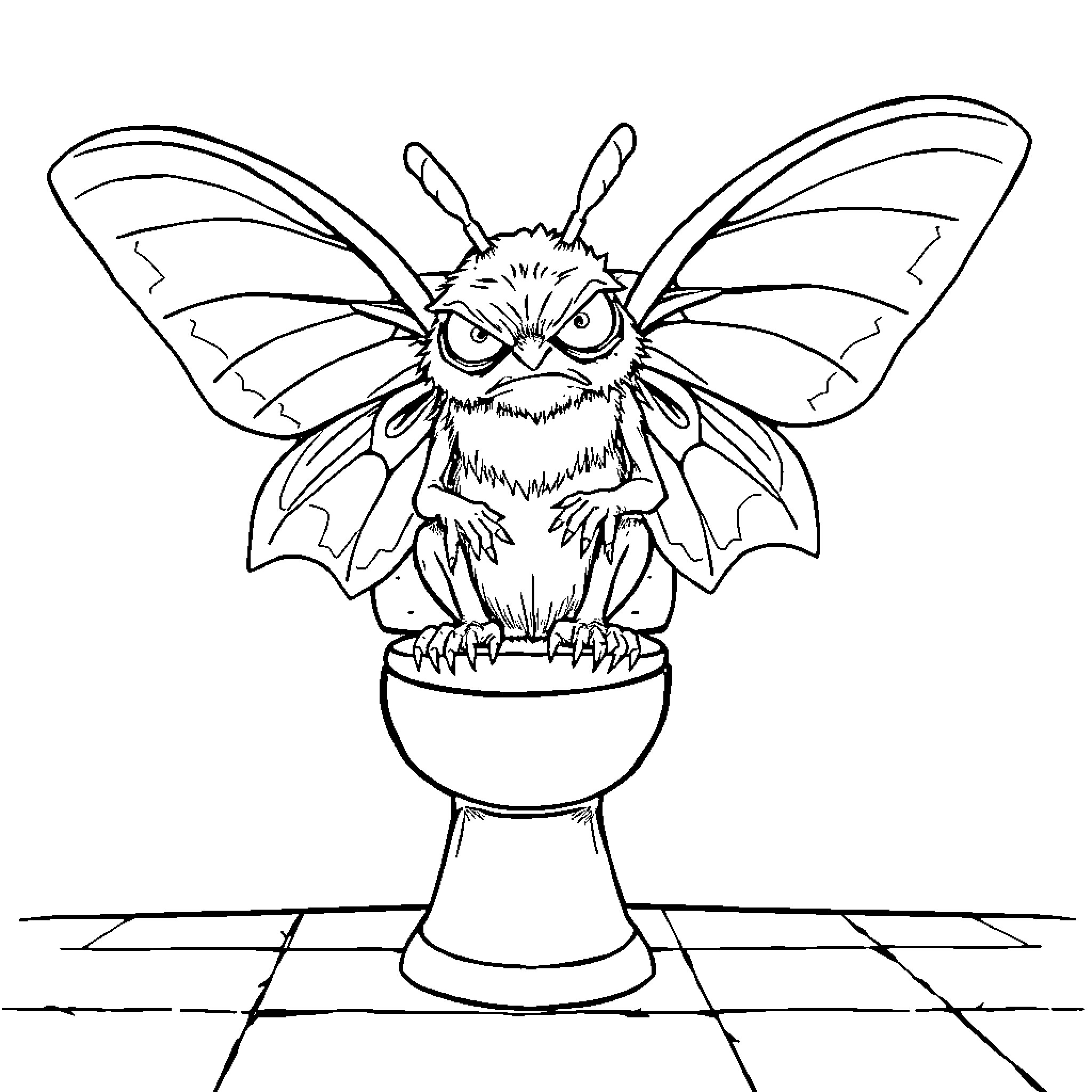 Mothman perched menacingly on a pedestal Coloring Page (free black-and-white line drawing printable PDF for all, from beginners to advanced learners, including children, teens, adults, and seniors)