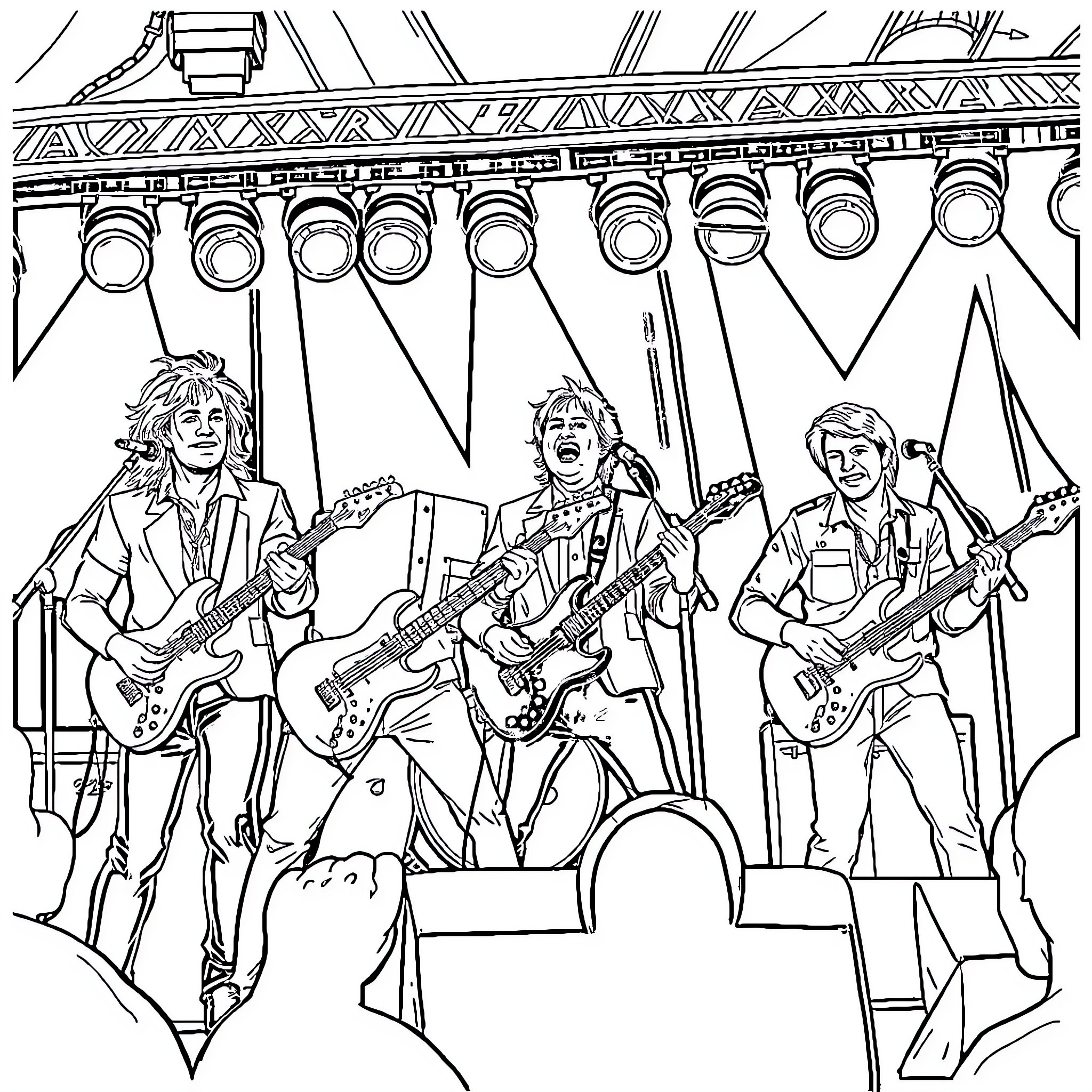 Bin Jovi Performing on Stage with Electric Guitars Coloring Page (free black-and-white line drawing printable PDF for all, from beginners to advanced learners, including children, teens, adults, and seniors)