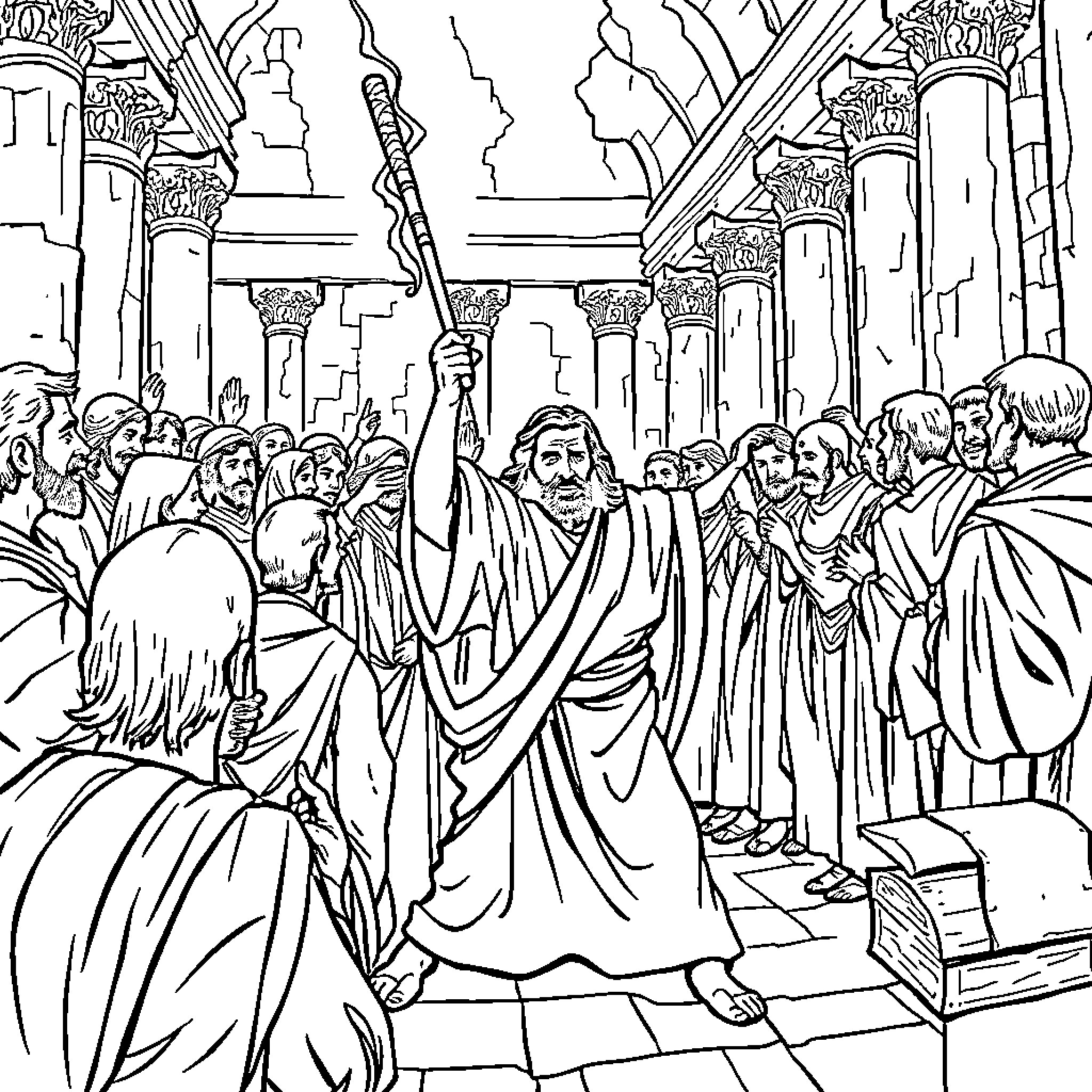Jesus Teaching His Disciples in the Temple Coloring Page (free black-and-white line drawing printable PDF for all, from beginners to advanced learners, including children, teens, adults, and seniors)