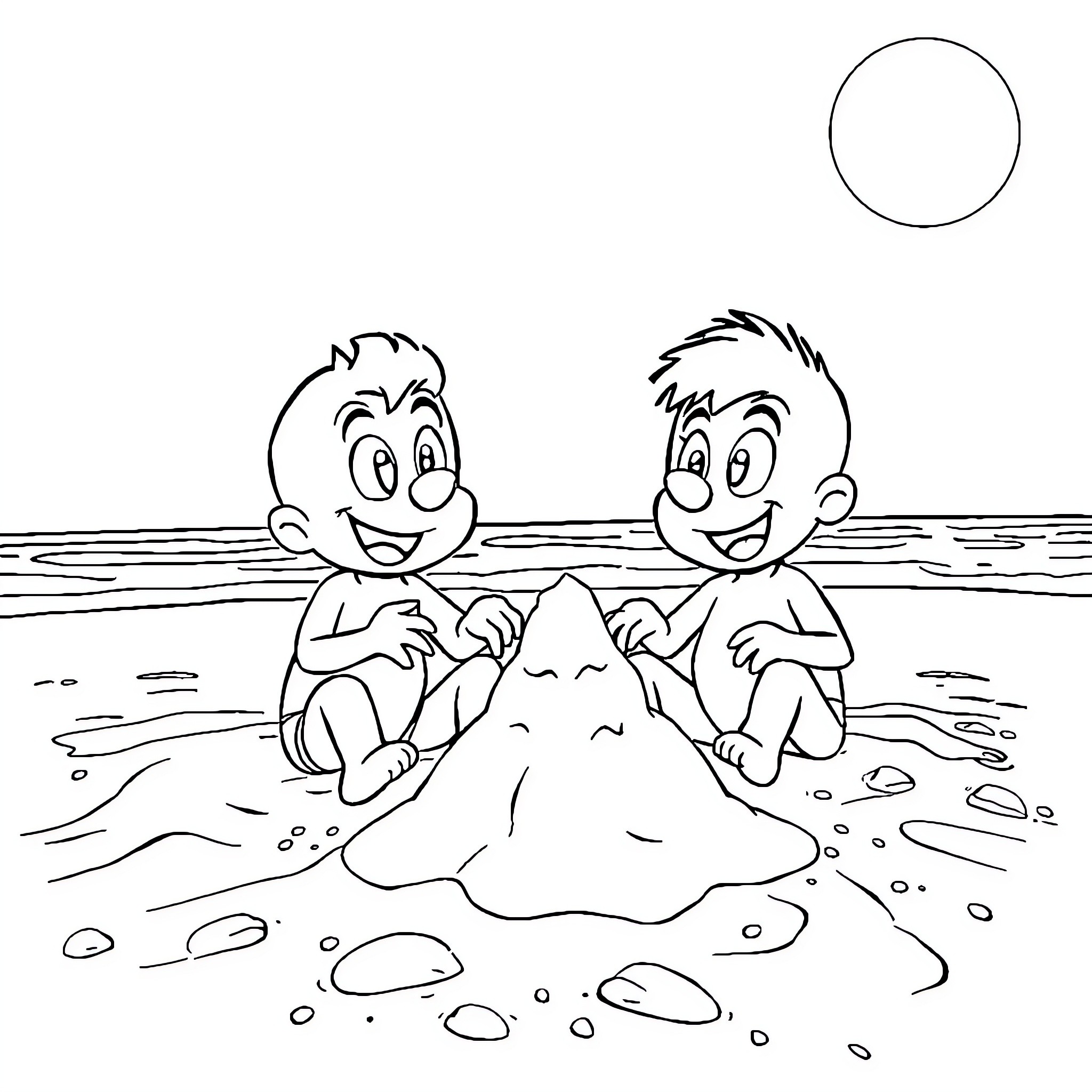 Bluey and friends build a sandcastle on the beach Coloring Page (free black-and-white line drawing printable PDF for all, from beginners to advanced learners, including children, teens, adults, and seniors)