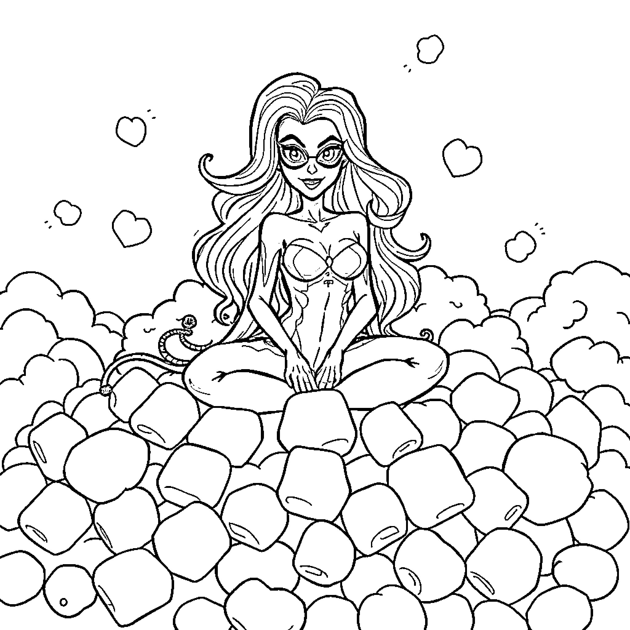 Poison Ivy surrounded by hearts and clouds Coloring Page (free black-and-white line drawing printable PDF for all, from beginners to advanced learners, including children, teens, adults, and seniors)