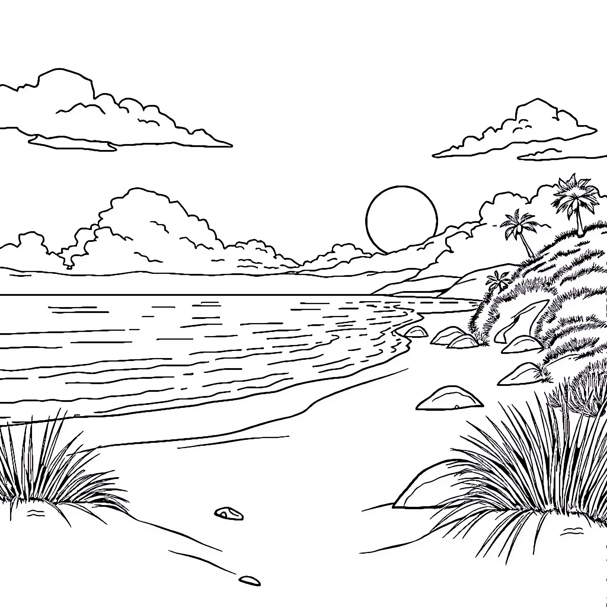 Beach scene with palm trees and ocean landscape Coloring Page (free black-and-white line drawing printable PDF for all, from beginners to advanced learners, including children, teens, adults, and seniors)