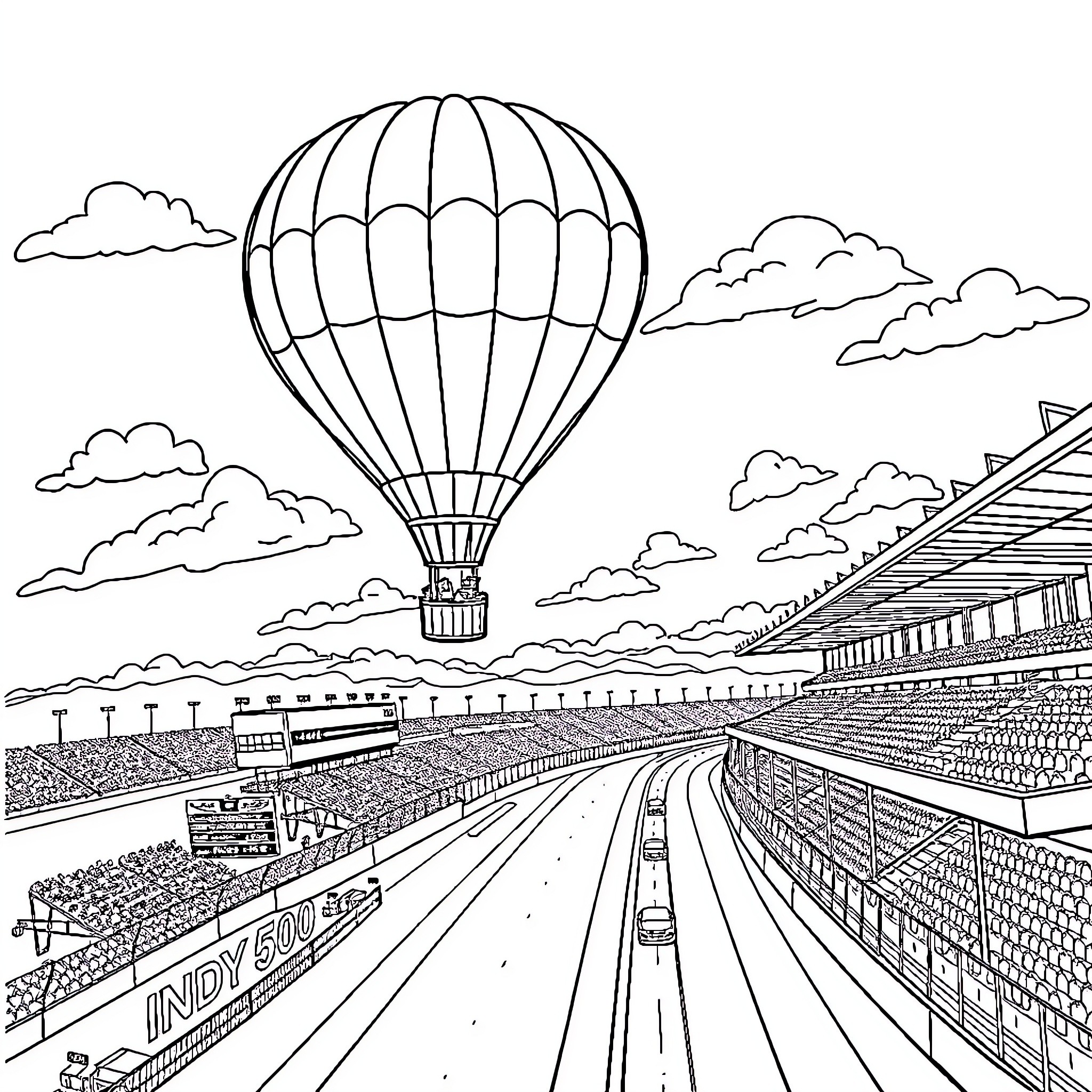 Hot Air Balloon Floating Over Racetrack and Stadium Coloring Page (free black-and-white line drawing printable PDF for all, from beginners to advanced learners, including children, teens, adults, and seniors)