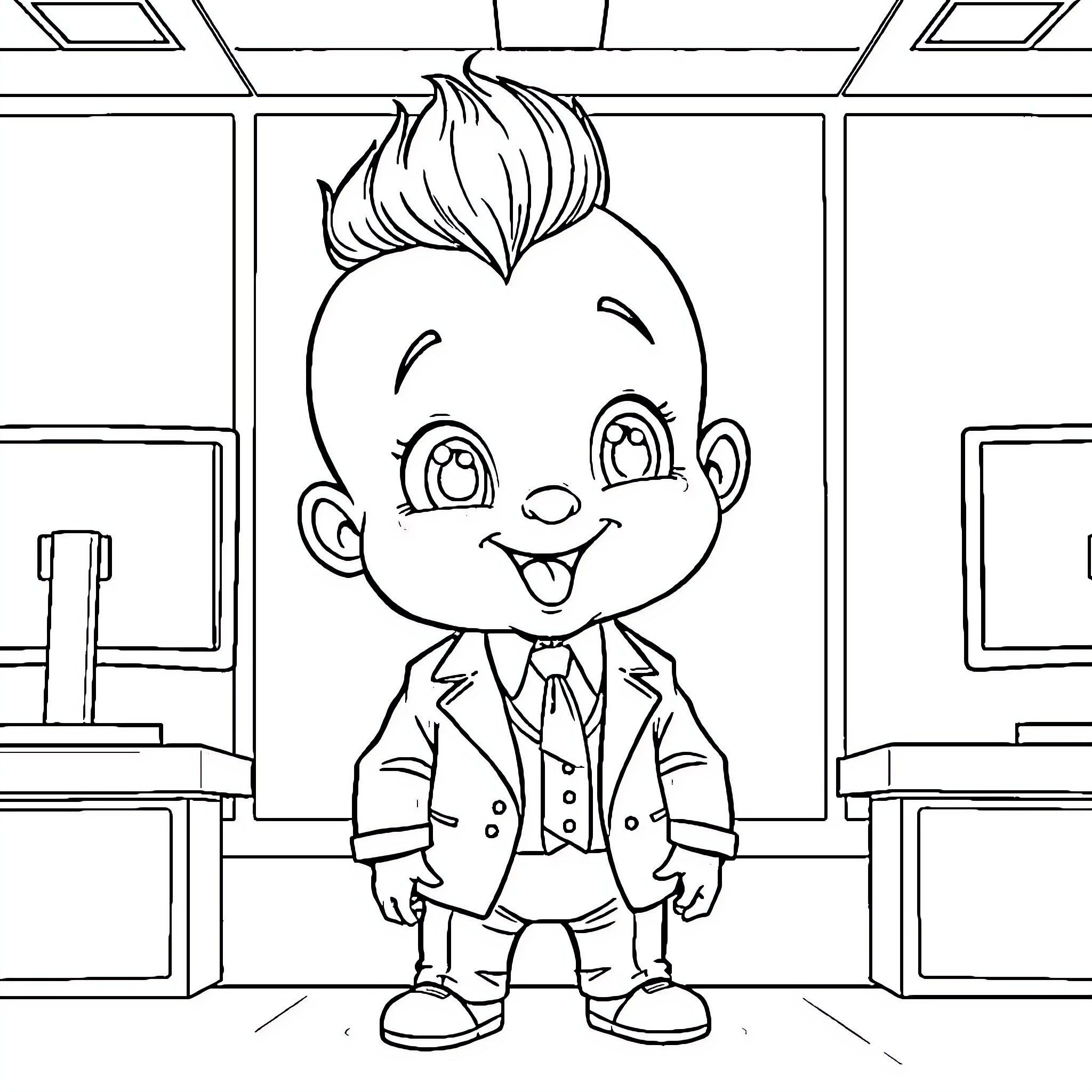 Boss Baby in a Cheerful Mood at the Office Coloring Page (free black-and-white line drawing printable PDF for all, from beginners to advanced learners, including children, teens, adults, and seniors)