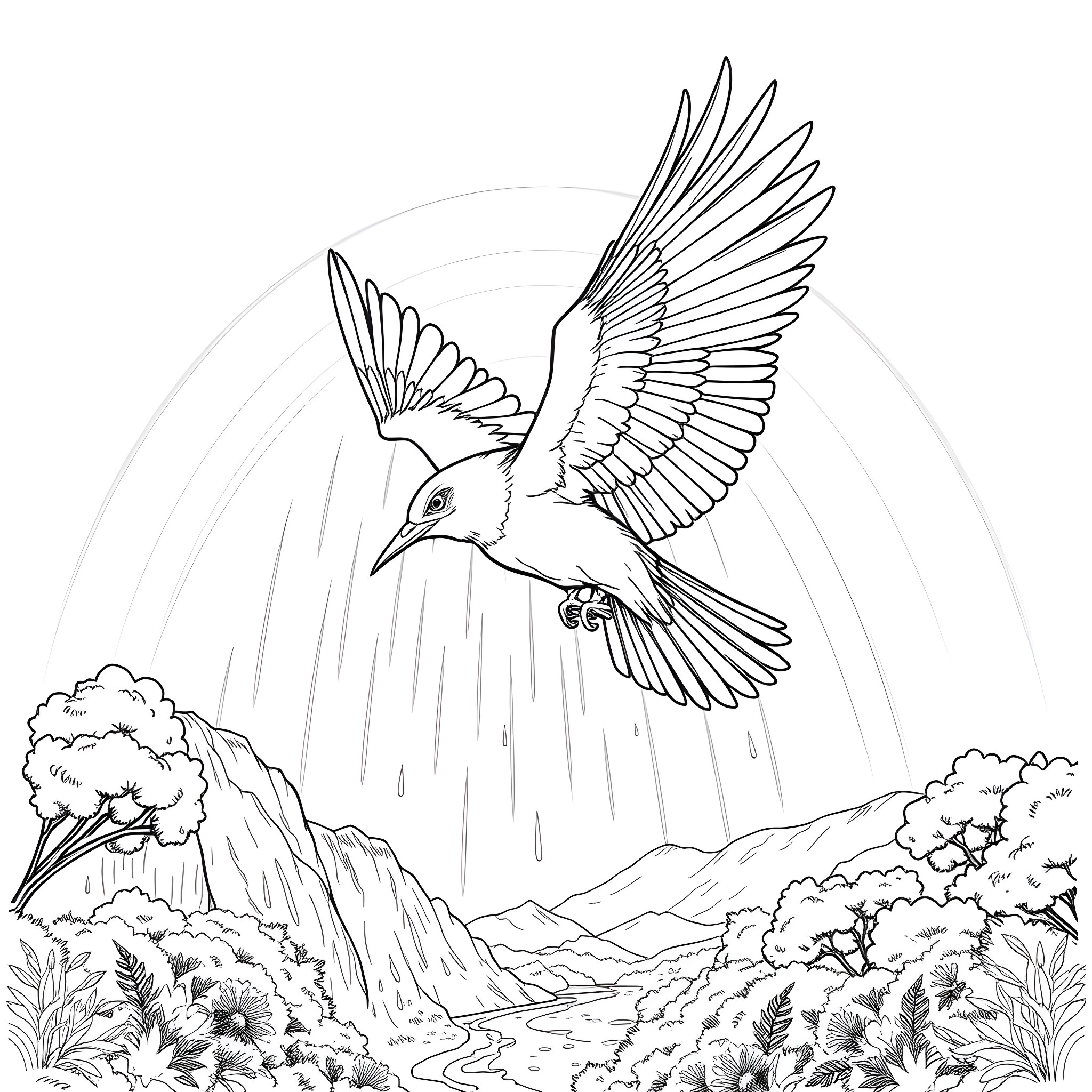 Thunderbird soaring over majestic mountains Coloring Page (free black-and-white line drawing printable PDF for all, from beginners to advanced learners, including children, teens, adults, and seniors)