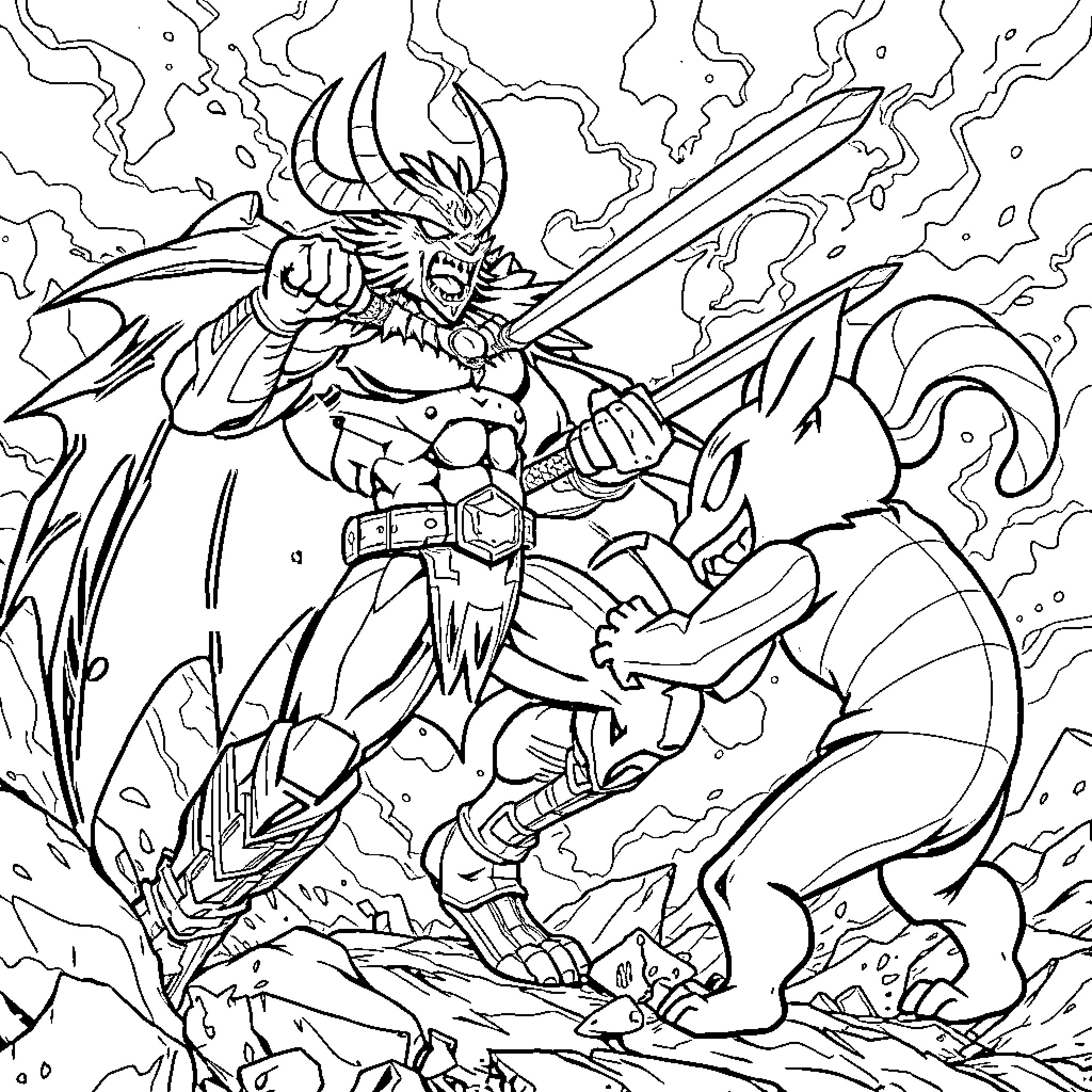 Huntrx battles fiercely against a mythical creature Coloring Page (free black-and-white line drawing printable PDF for all, from beginners to advanced learners, including children, teens, adults, and seniors)