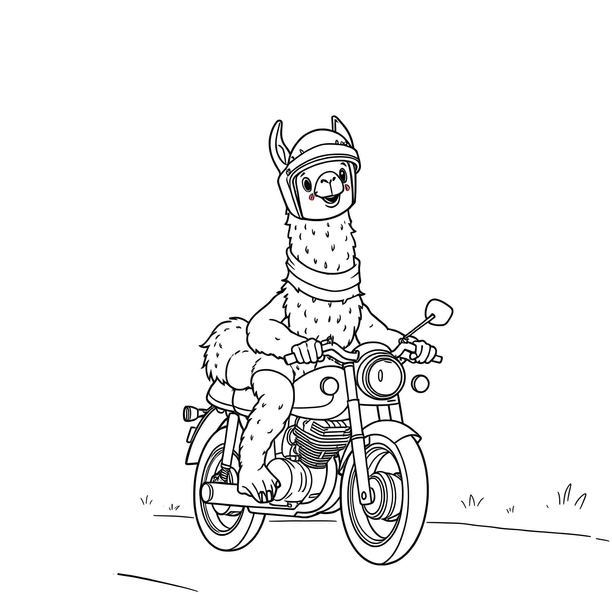 Llama riding a motorcycle on the road Coloring Page (free black-and-white line drawing printable PDF for all, from beginners to advanced learners, including children, teens, adults, and seniors)