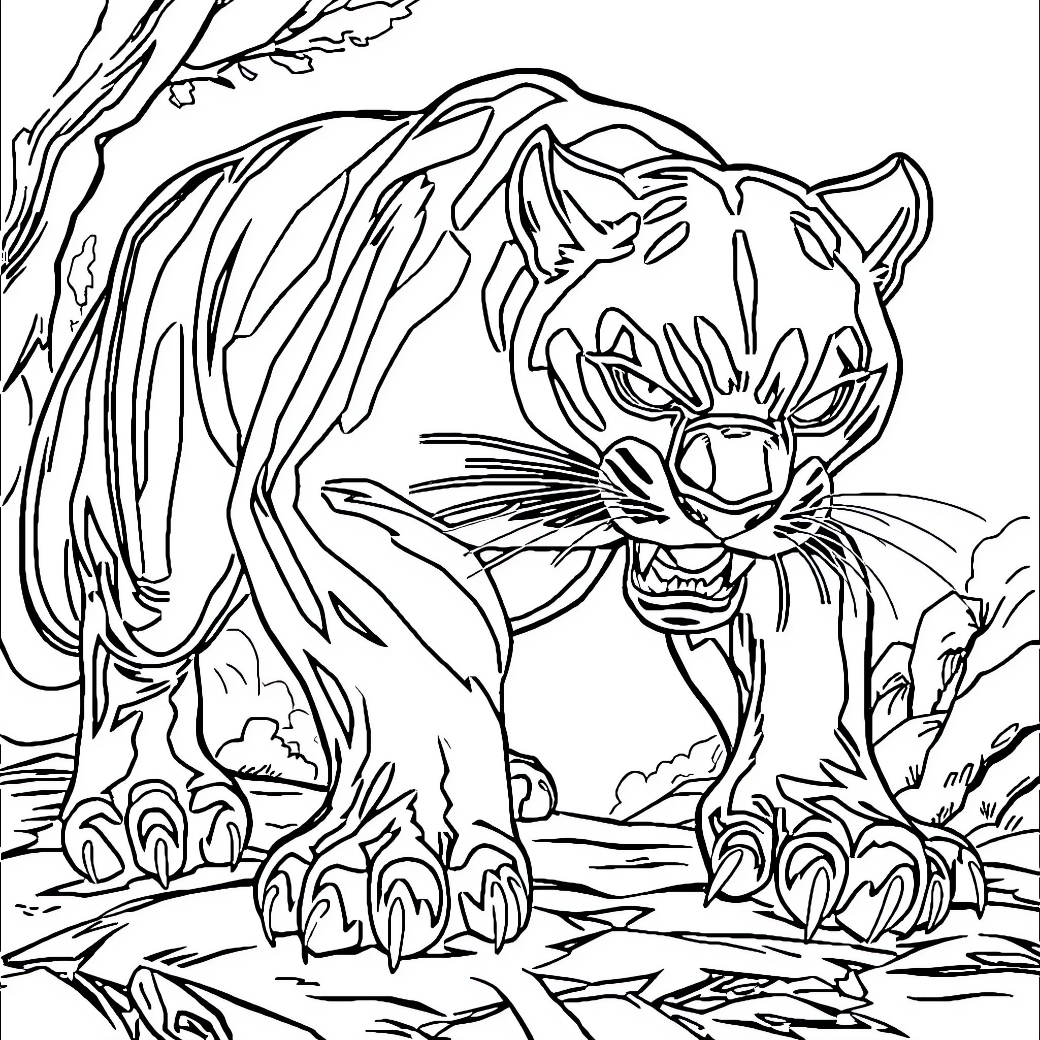 Panther prowling through the wilderness Coloring Page (free black-and-white line drawing printable PDF for all, from beginners to advanced learners, including children, teens, adults, and seniors)