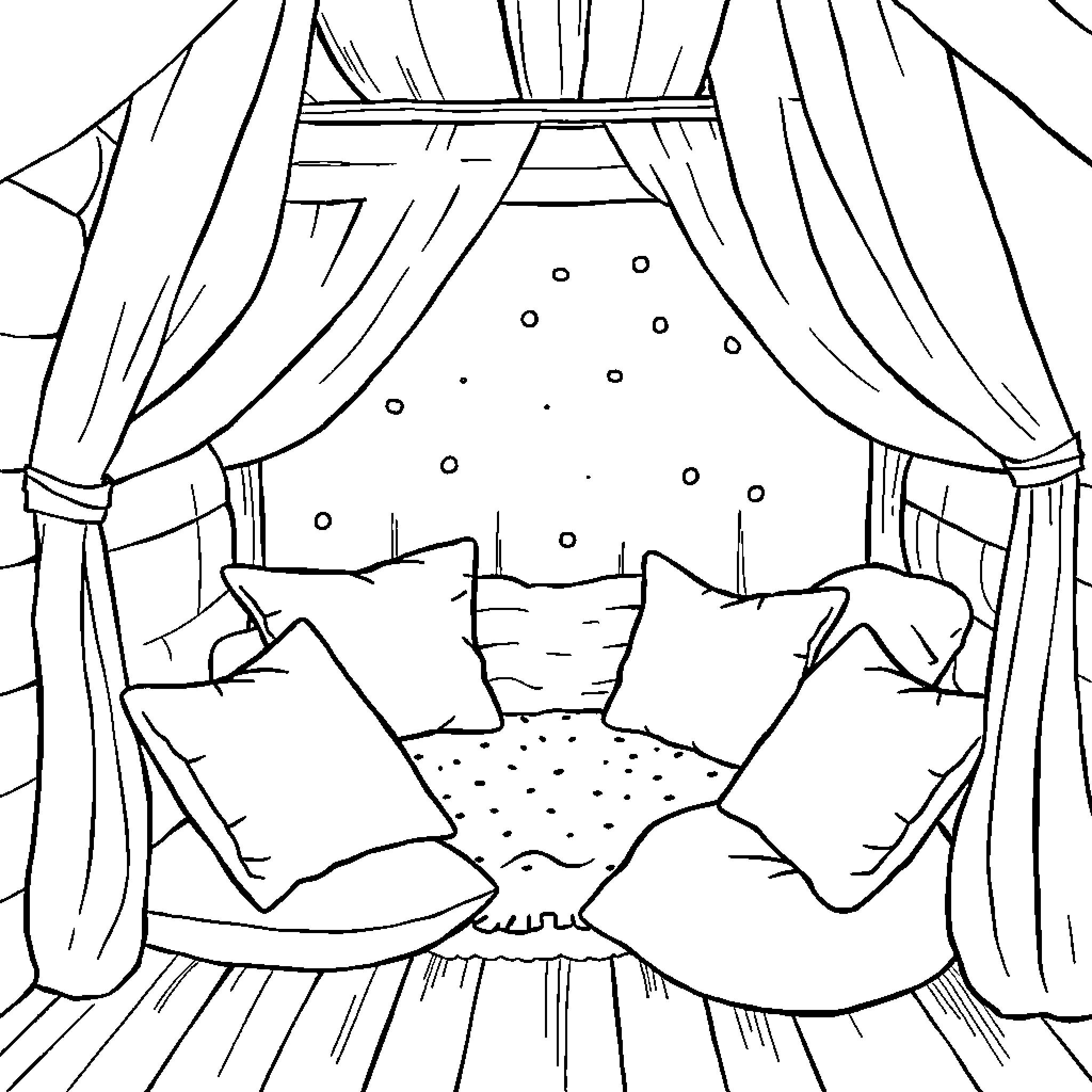 Cozy Bedroom Retreat with Plush Furnishings Coloring Page (free black-and-white line drawing printable PDF for all, from beginners to advanced learners, including children, teens, adults, and seniors)