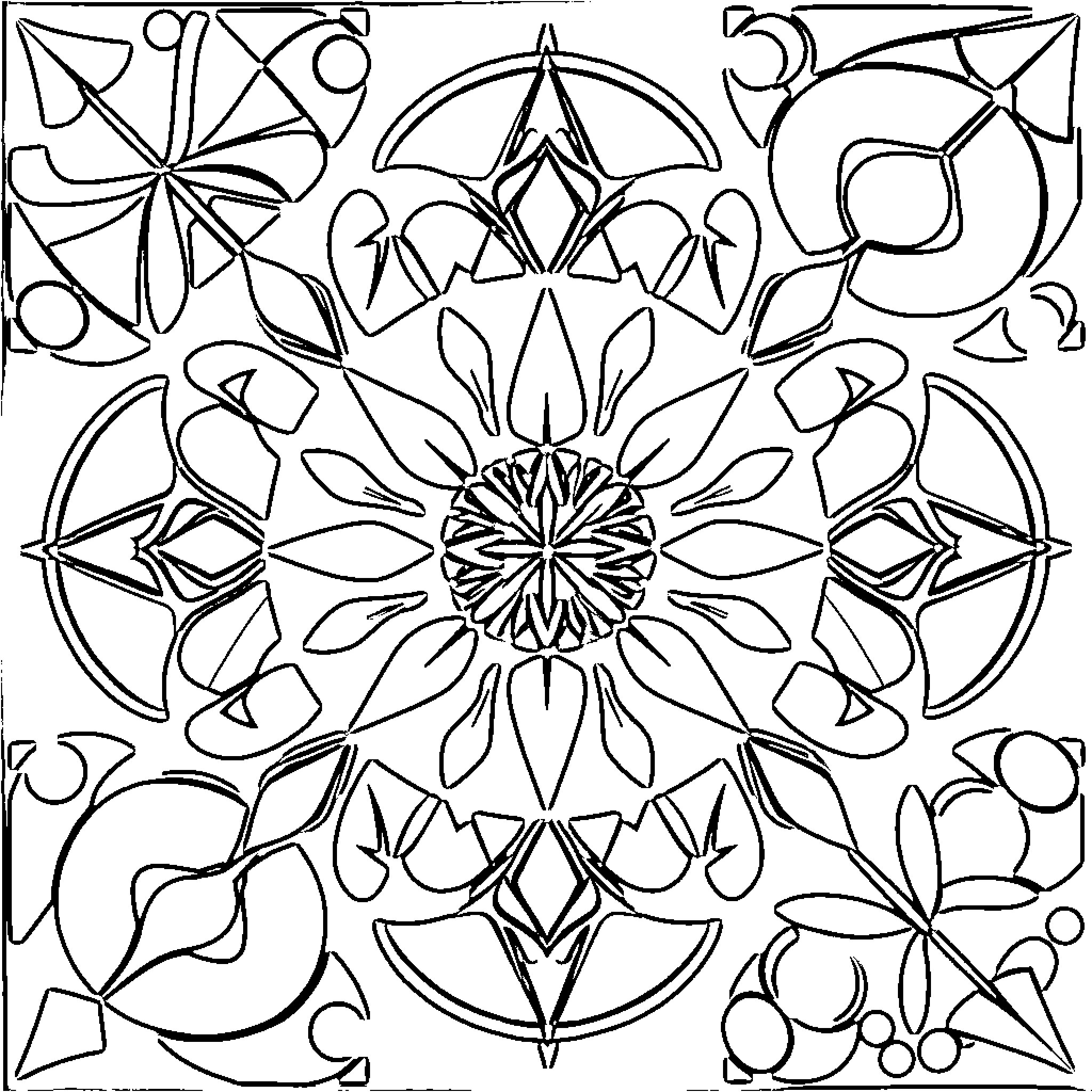 Geometric Shapes in Symmetrical Design Coloring Page (free black-and-white line drawing printable PDF for all, from beginners to advanced learners, including children, teens, adults, and seniors)