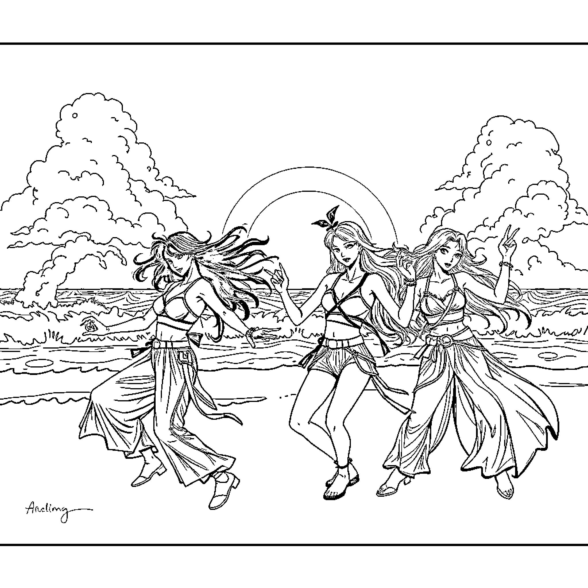 K Pop Warrior Dancers Performing on Beach Coloring Page (free black-and-white line drawing printable PDF for all, from beginners to advanced learners, including children, teens, adults, and seniors)