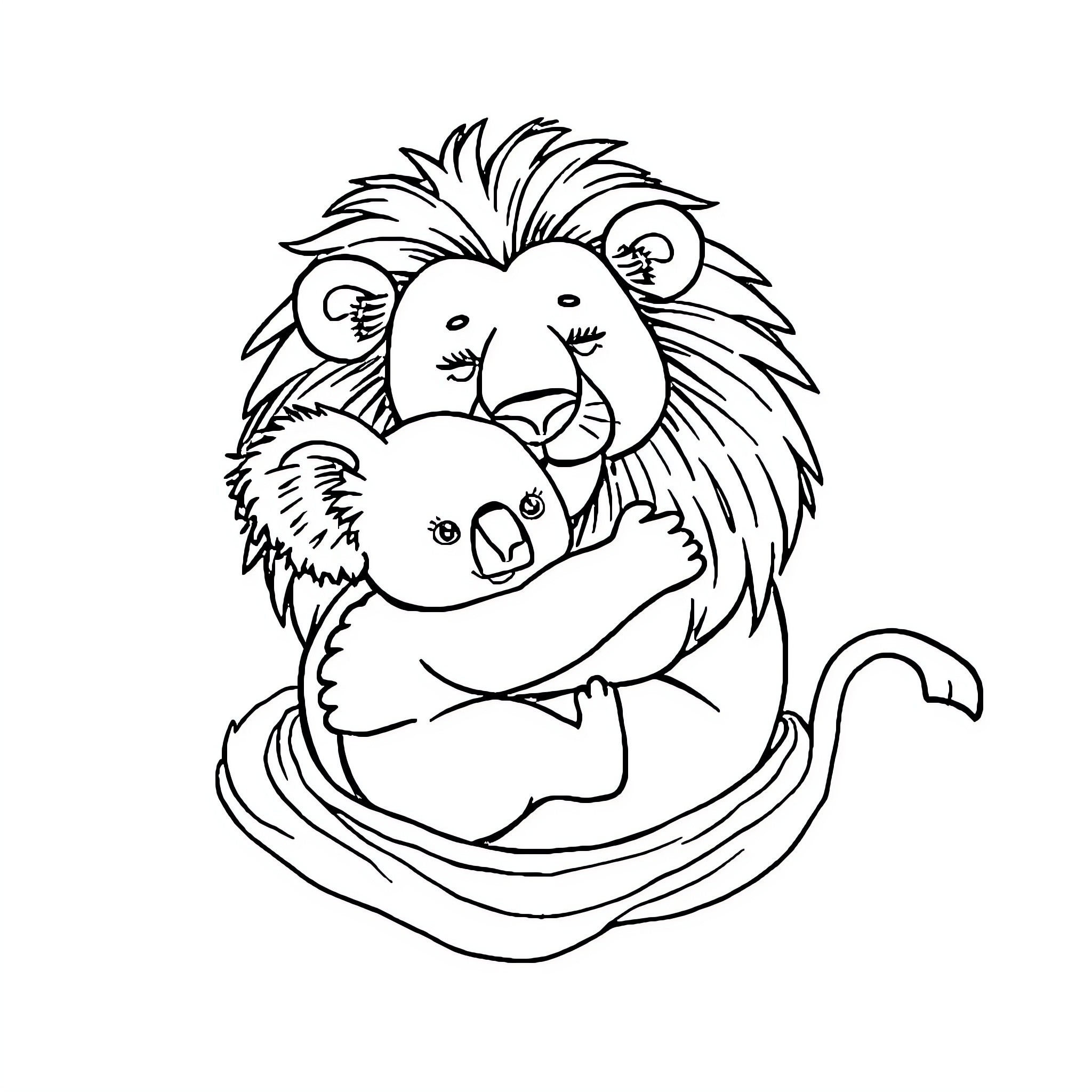 Koala and lion embracing in a cozy setting Coloring Page (free black-and-white line drawing printable PDF for all, from beginners to advanced learners, including children, teens, adults, and seniors)