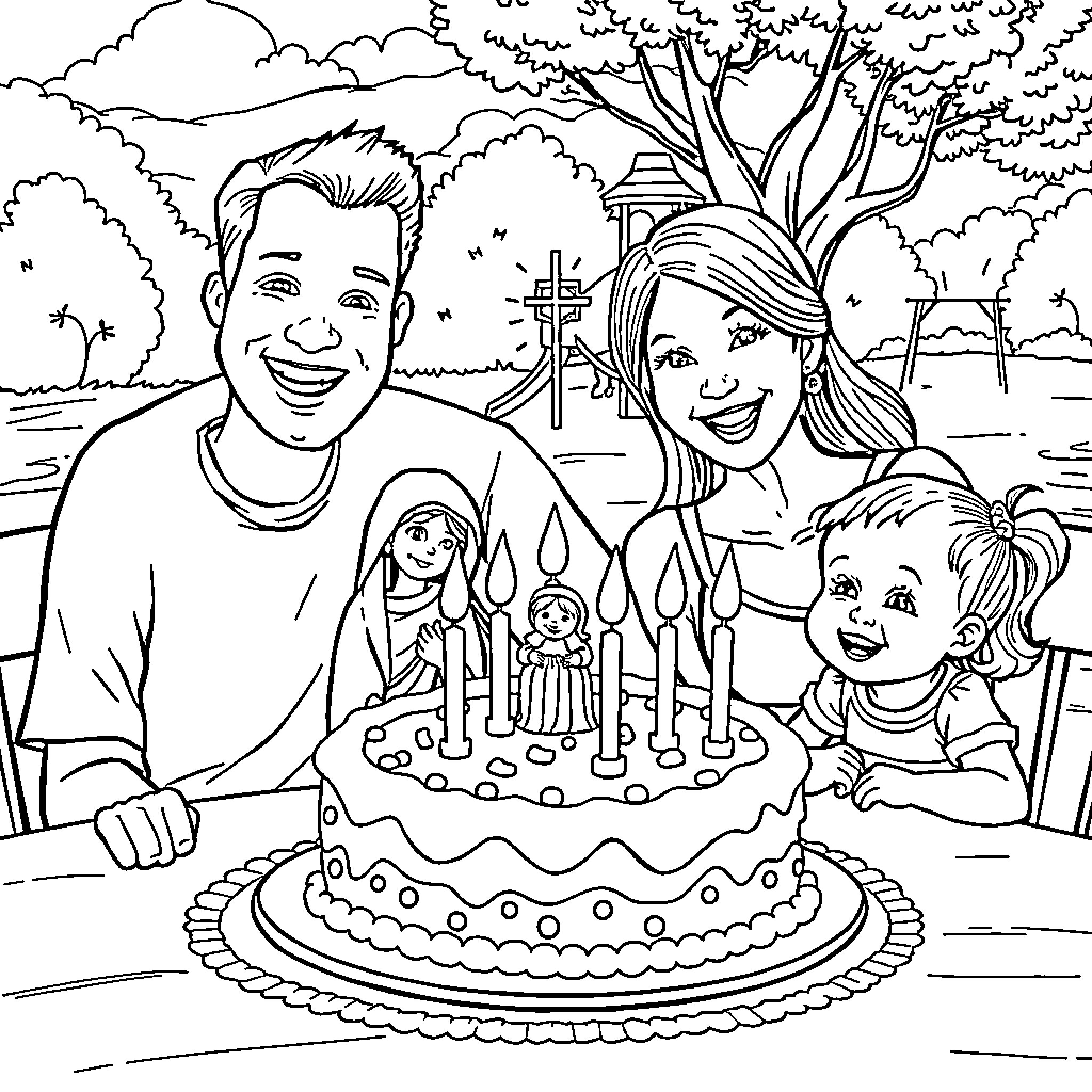 Birthday Celebration with Family in the Park Coloring Page (free black-and-white line drawing printable PDF for all, from beginners to advanced learners, including children, teens, adults, and seniors)