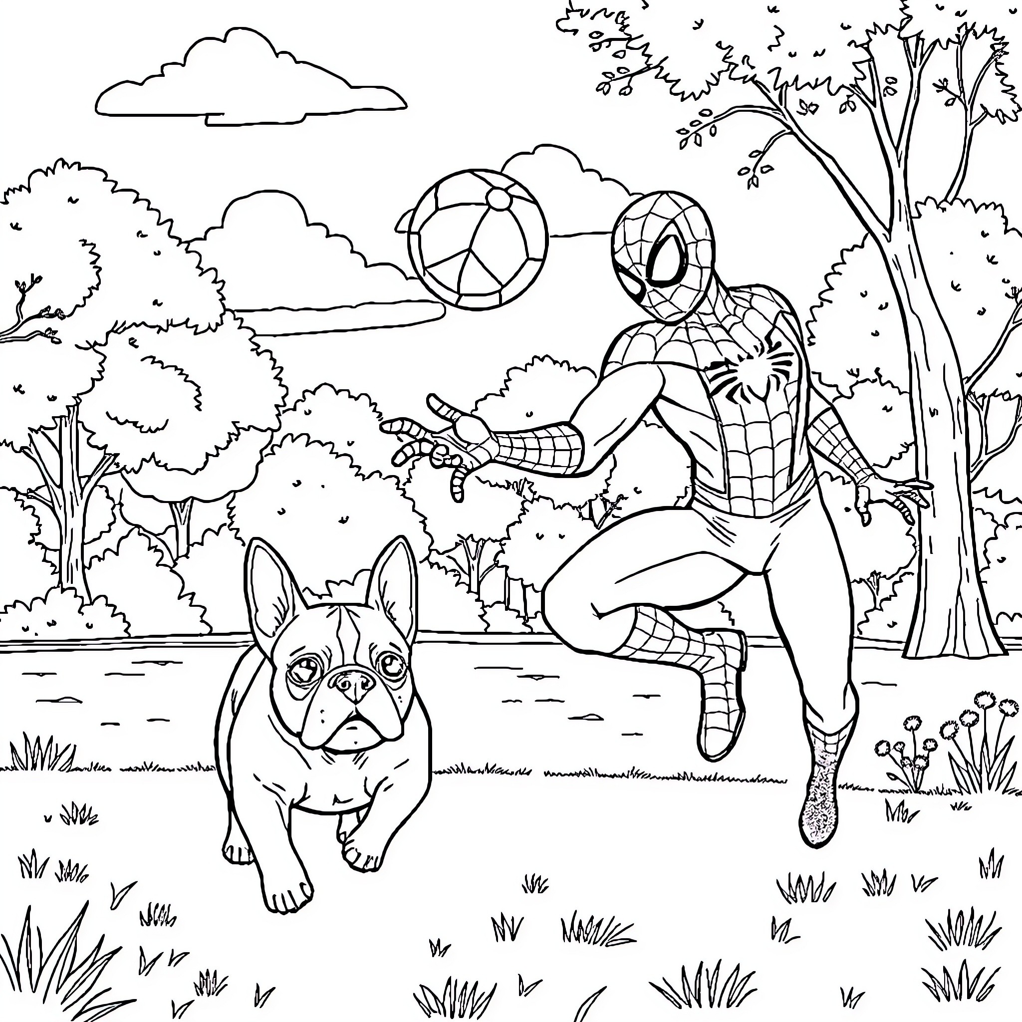 Spiderman playing with a dog in the park Coloring Page (free black-and-white line drawing printable PDF for all, from beginners to advanced learners, including children, teens, adults, and seniors)