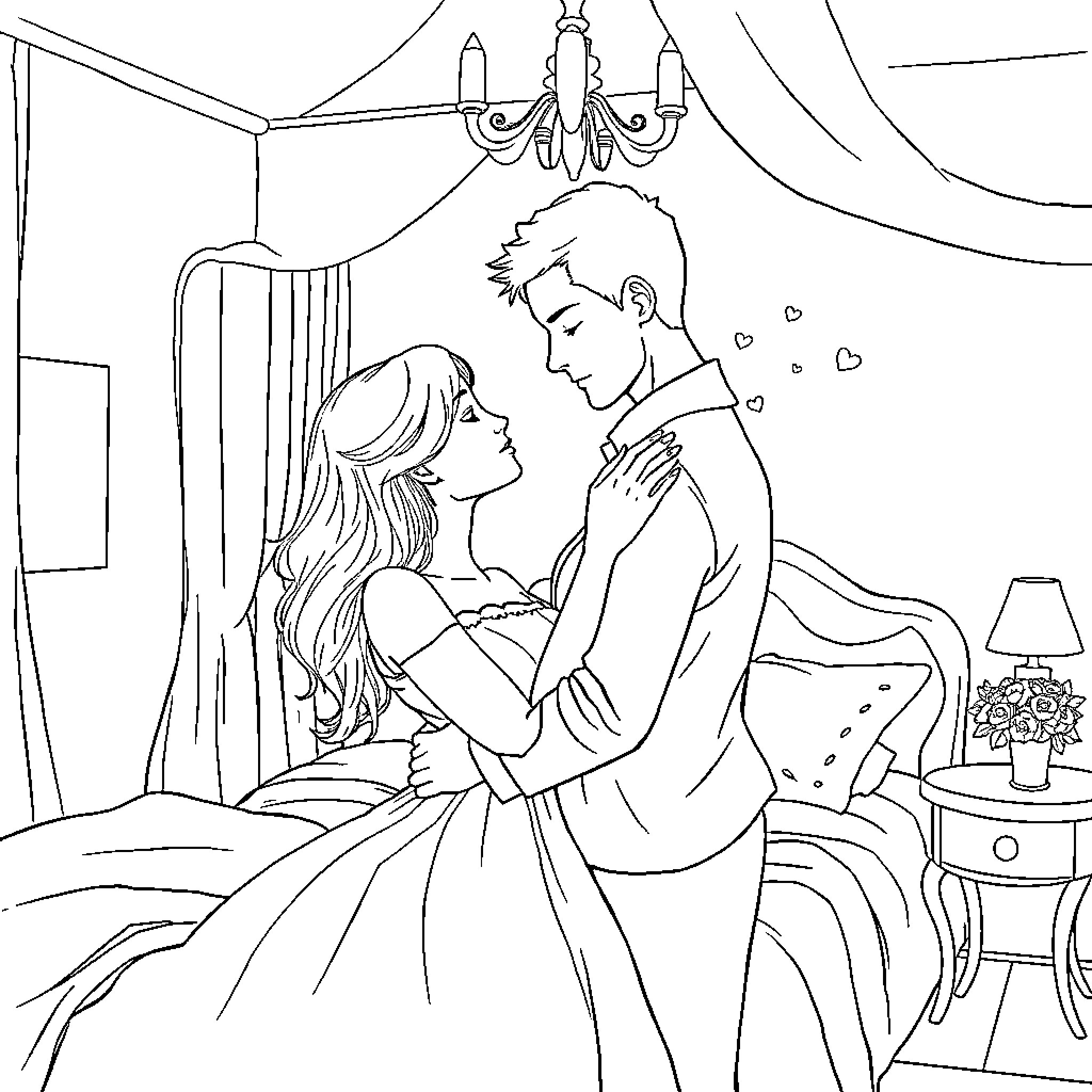 Couple sharing a romantic moment in bedroom Coloring Page (free black-and-white line drawing printable PDF for all, from beginners to advanced learners, including children, teens, adults, and seniors)