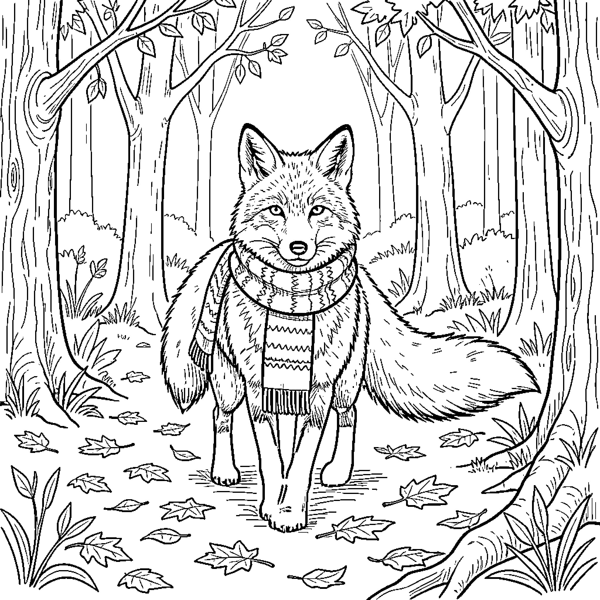 Fox wearing a cozy scarf walking through the woods Coloring Page (free black-and-white line drawing printable PDF for all, from beginners to advanced learners, including children, teens, adults, and seniors)