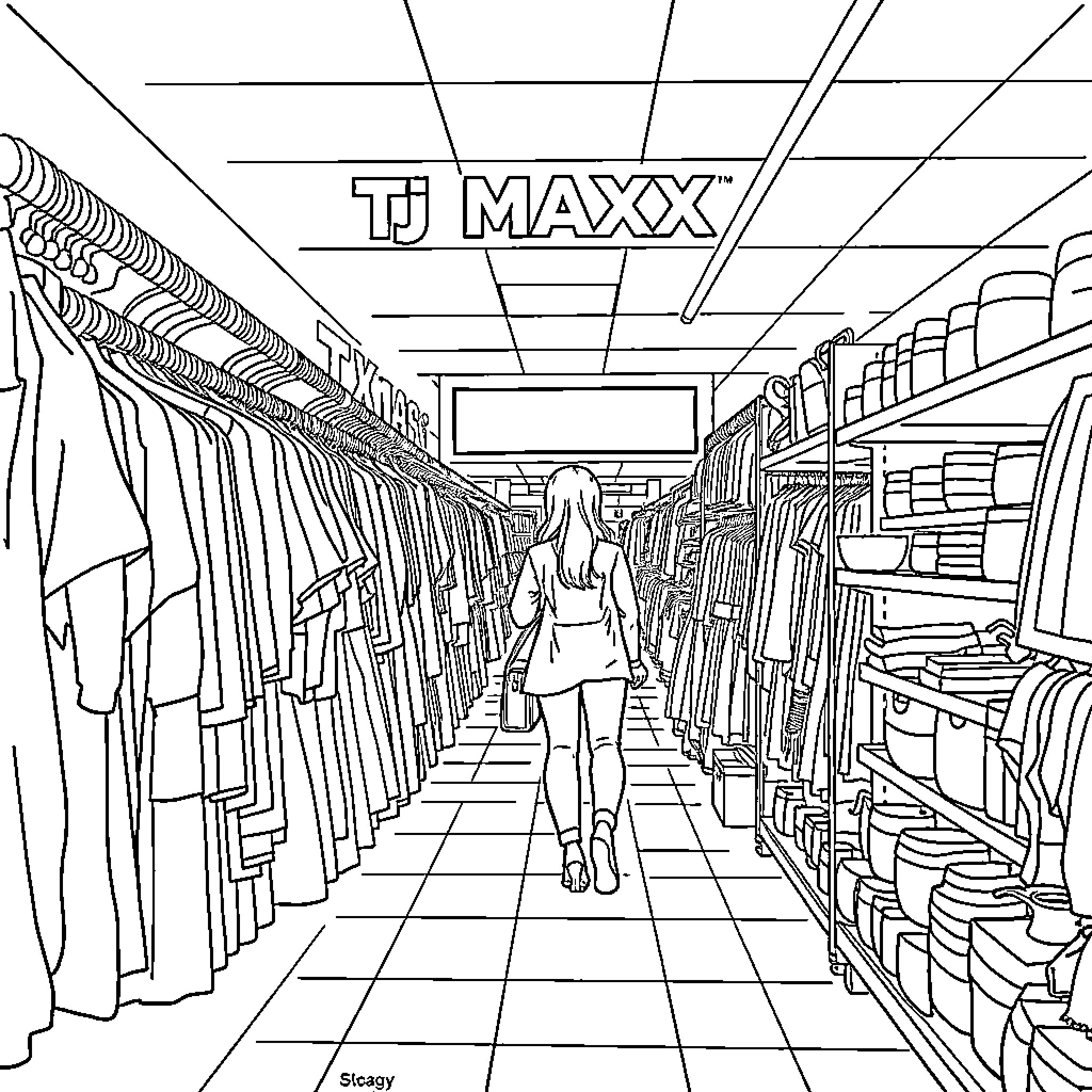 Shopping in a Bustling Clothing Store Coloring Page (free black-and-white line drawing printable PDF for all, from beginners to advanced learners, including children, teens, adults, and seniors)