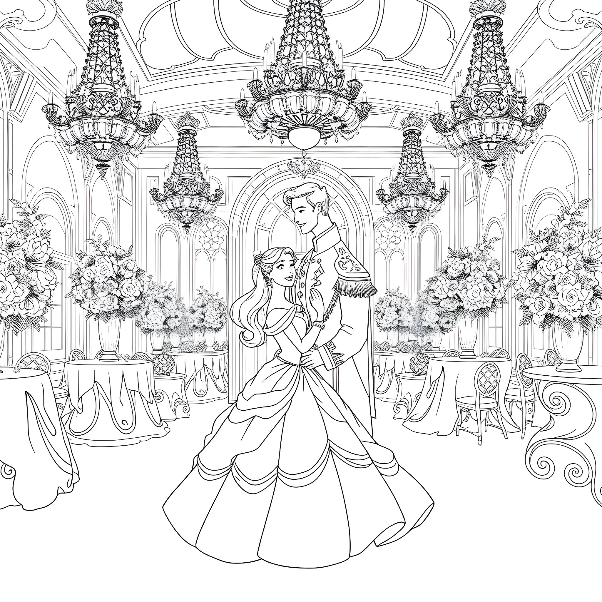 Belle's Elegant Ballroom Dance with Prince Coloring Page (free black-and-white line drawing printable PDF for all, from beginners to advanced learners, including children, teens, adults, and seniors)