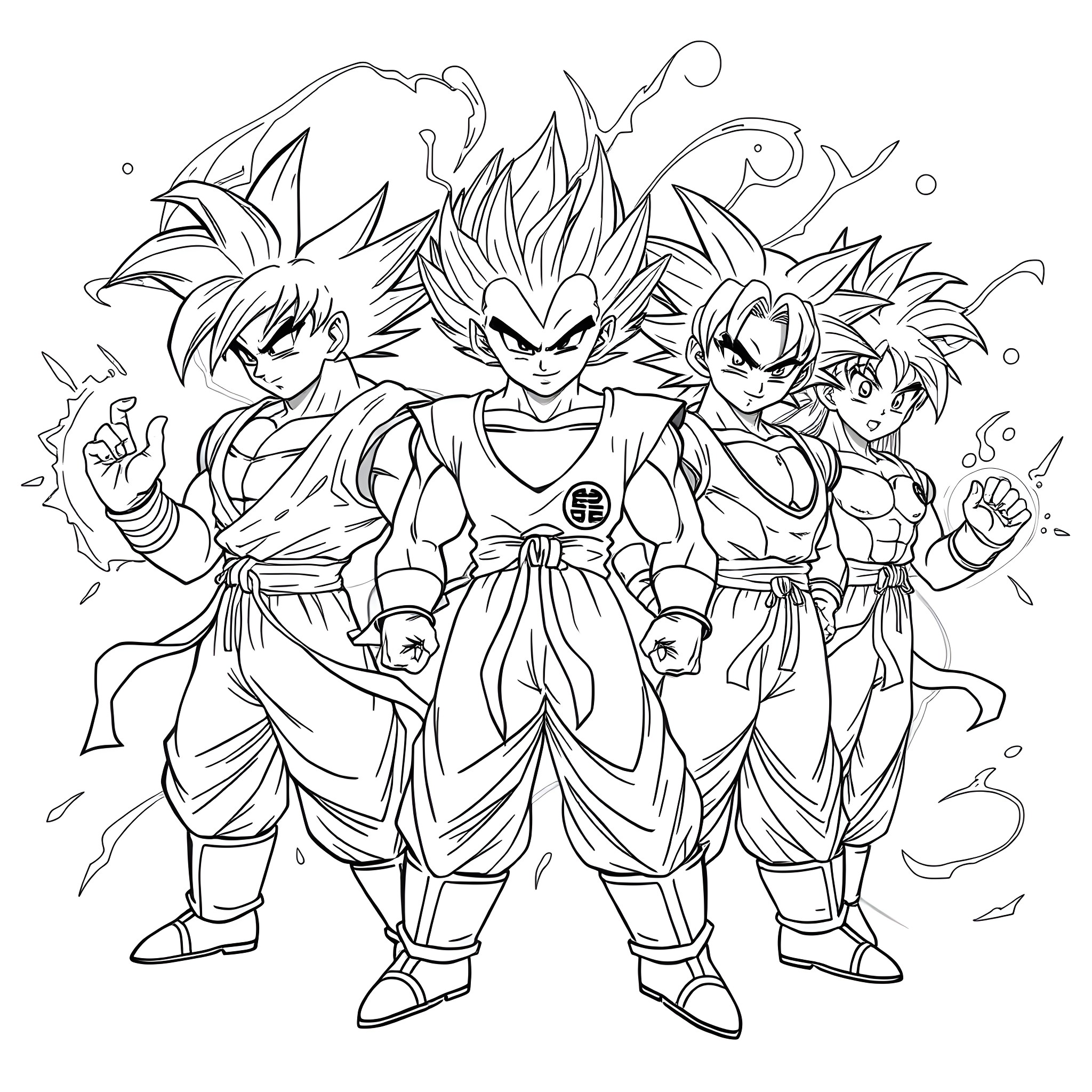 Dragon Ball Z Characters in Action-Packed Poses Coloring Page (free black-and-white line drawing printable PDF for all, from beginners to advanced learners, including children, teens, adults, and seniors)