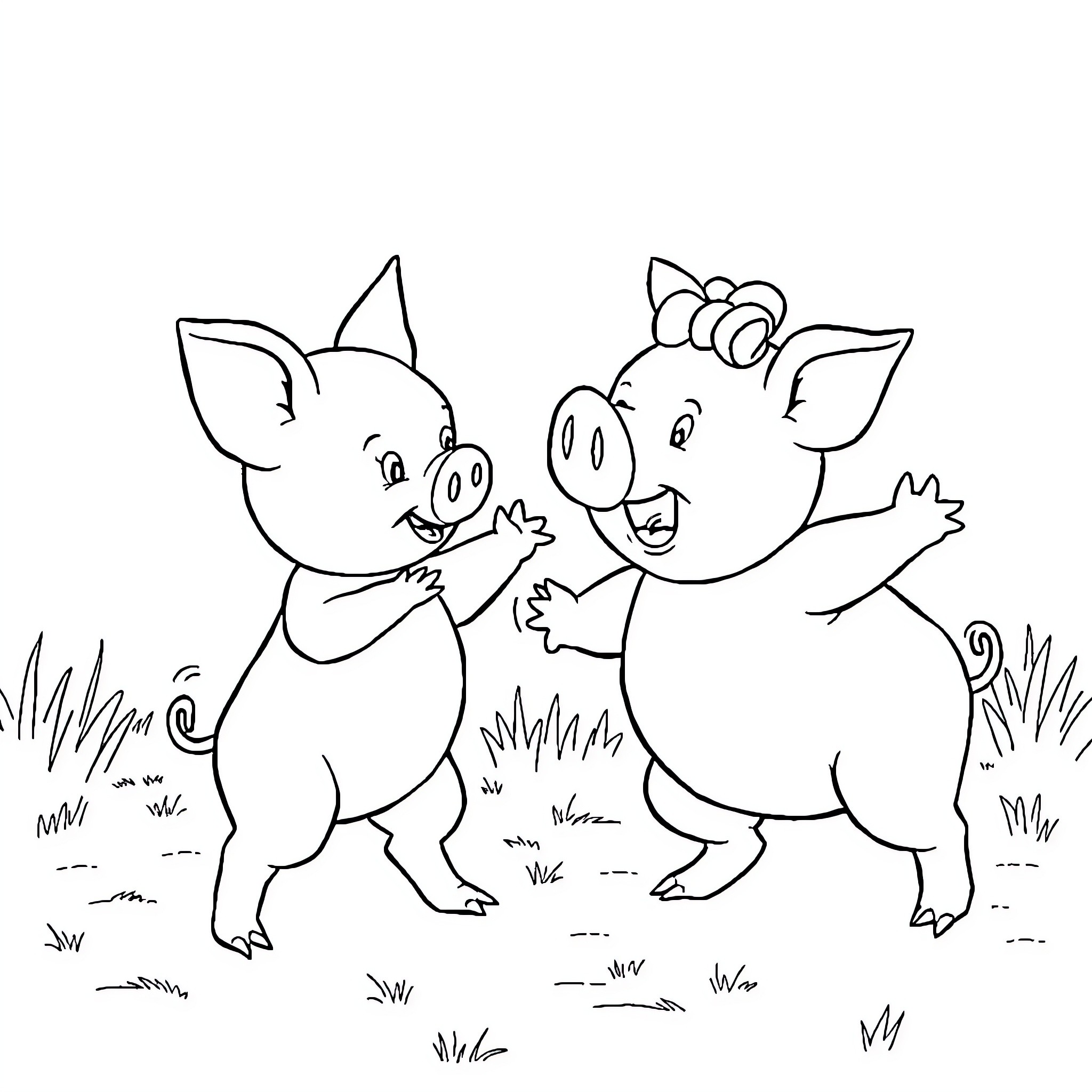 Pigs playing joyfully in the field Coloring Page (free black-and-white line drawing printable PDF for all, from beginners to advanced learners, including children, teens, adults, and seniors)