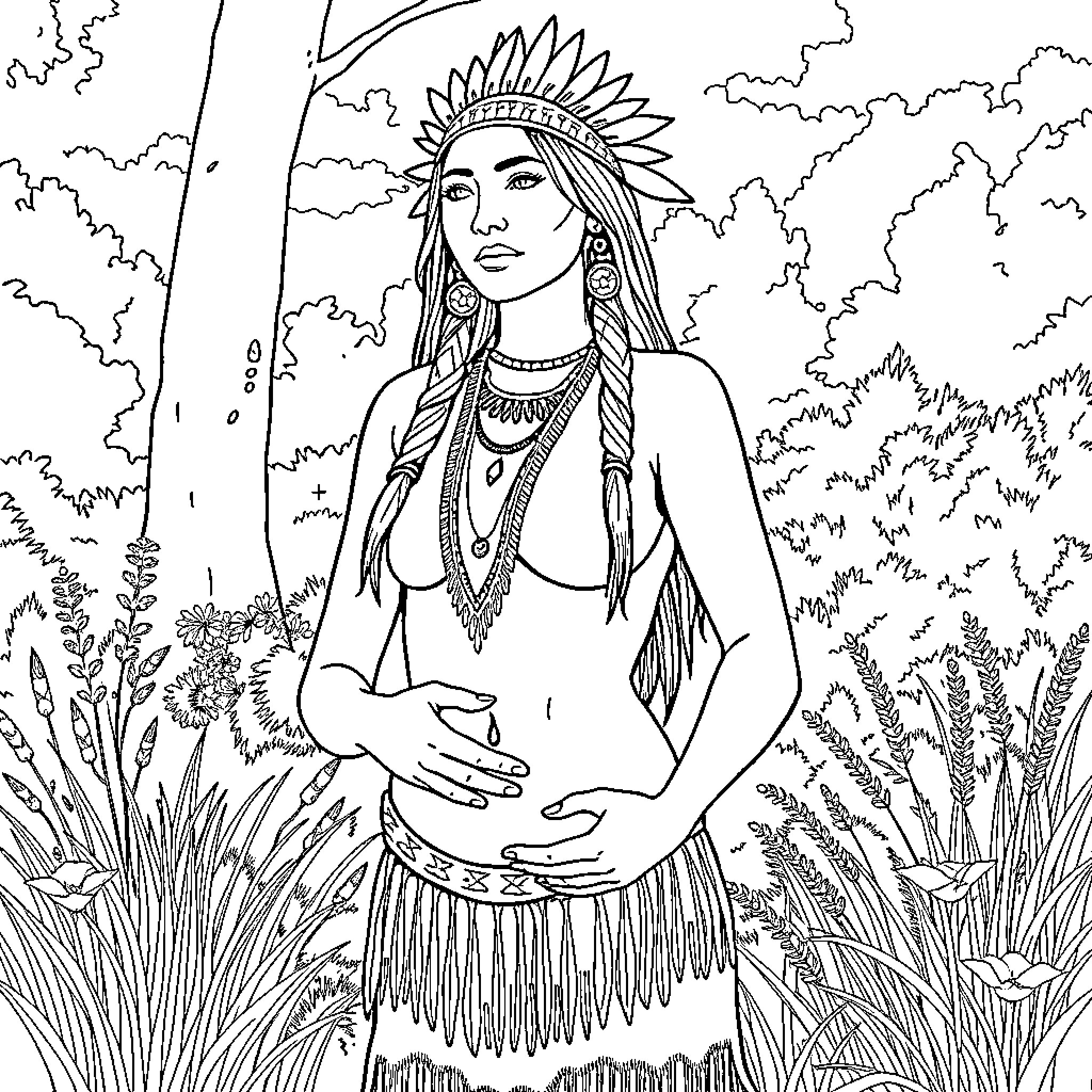 Native American Woman in Traditional Attire Coloring Page (free black-and-white line drawing printable PDF for all, from beginners to advanced learners, including children, teens, adults, and seniors)