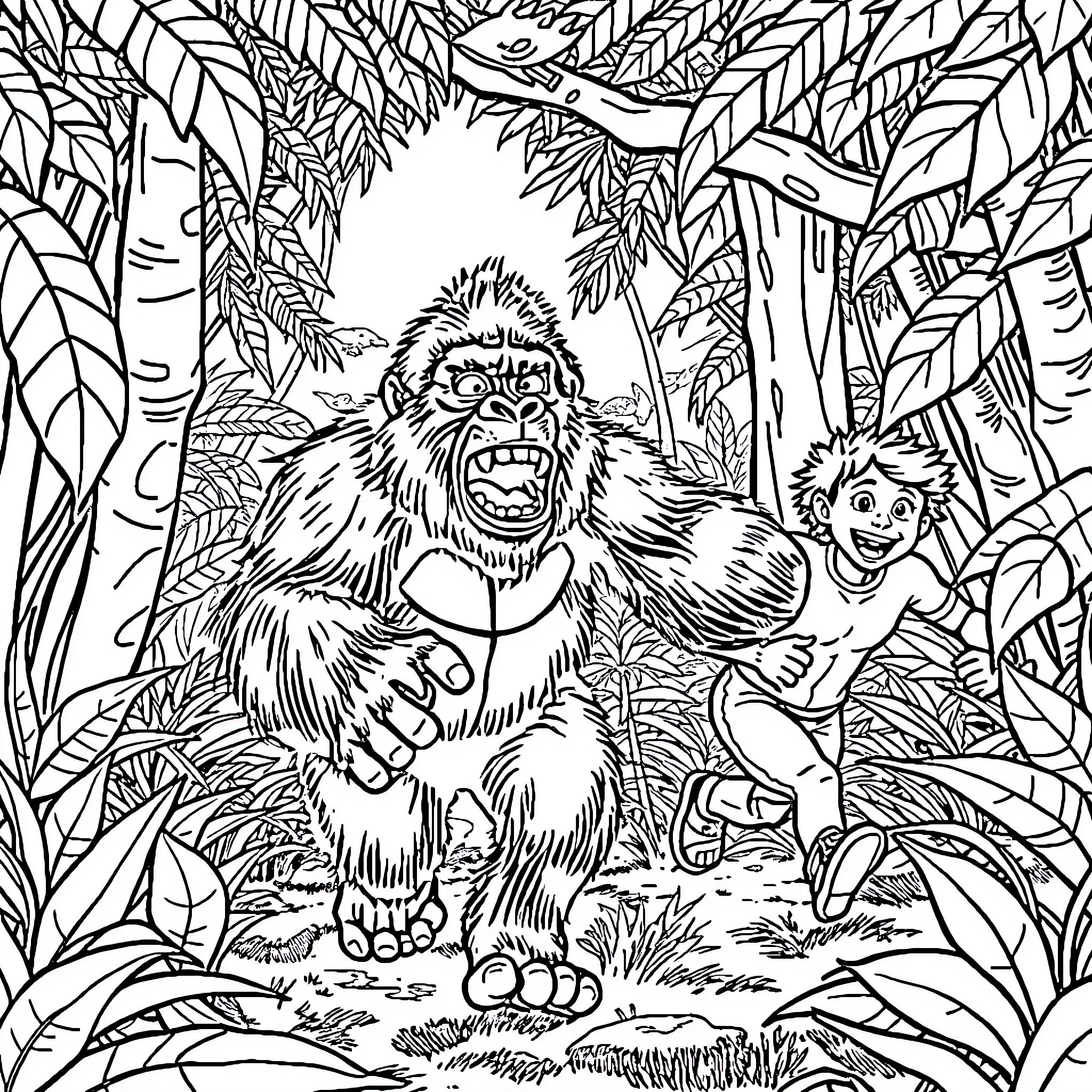 Gorilla Encounter in the Jungle Coloring Page (free black-and-white line drawing printable PDF for all, from beginners to advanced learners, including children, teens, adults, and seniors)