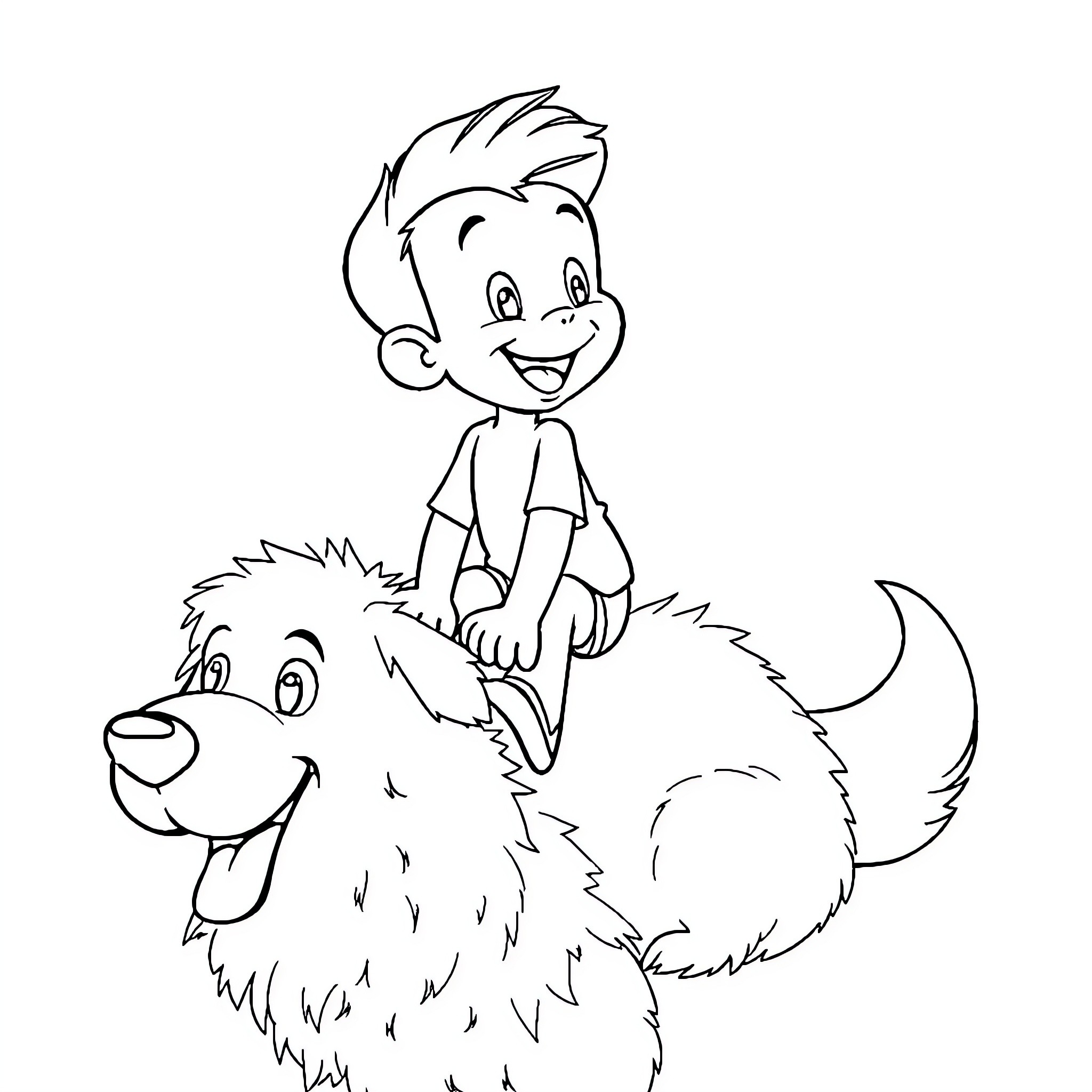 Jack Jack riding a friendly bear Coloring Page (free black-and-white line drawing printable PDF for all, from beginners to advanced learners, including children, teens, adults, and seniors)