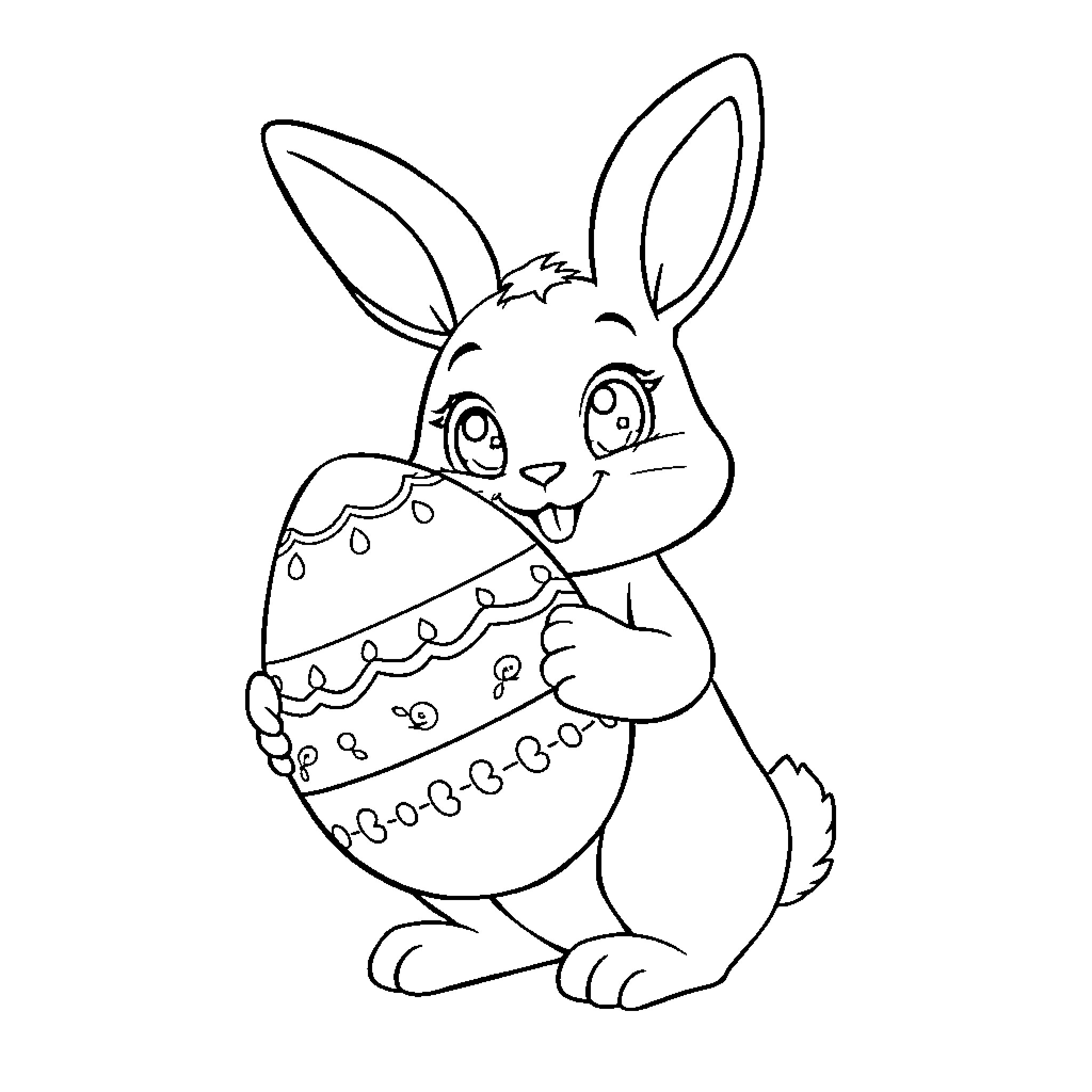 Bunny holding a decorated Easter egg Coloring Page (free black-and-white line drawing printable PDF for all, from beginners to advanced learners, including children, teens, adults, and seniors)