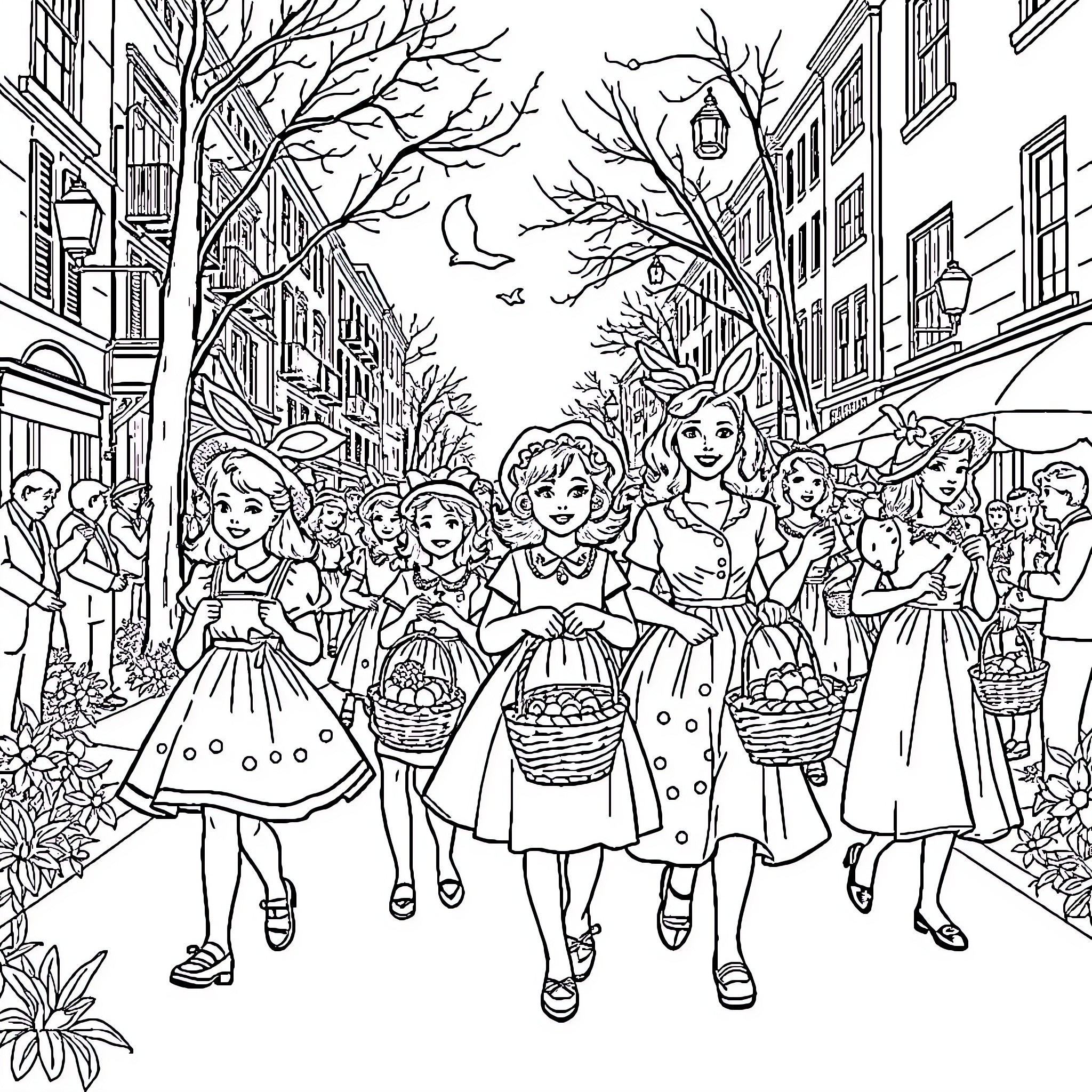 Girls with baskets walking down a scenic town street Coloring Page (free black-and-white line drawing printable PDF for all, from beginners to advanced learners, including children, teens, adults, and seniors)