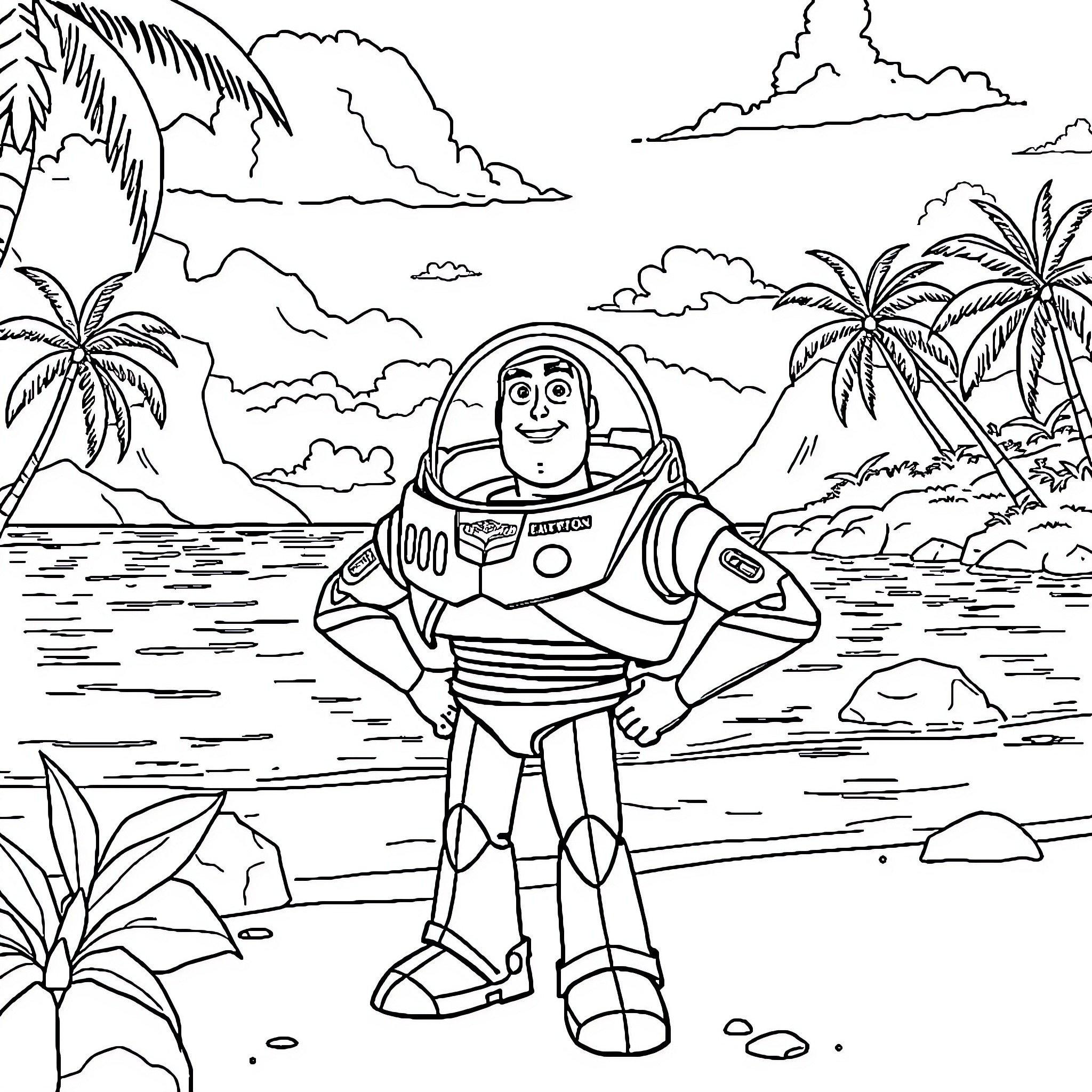 Buzz Lightyear's Tropical Adventure Coloring Page (free black-and-white line drawing printable PDF for all, from beginners to advanced learners, including children, teens, adults, and seniors)