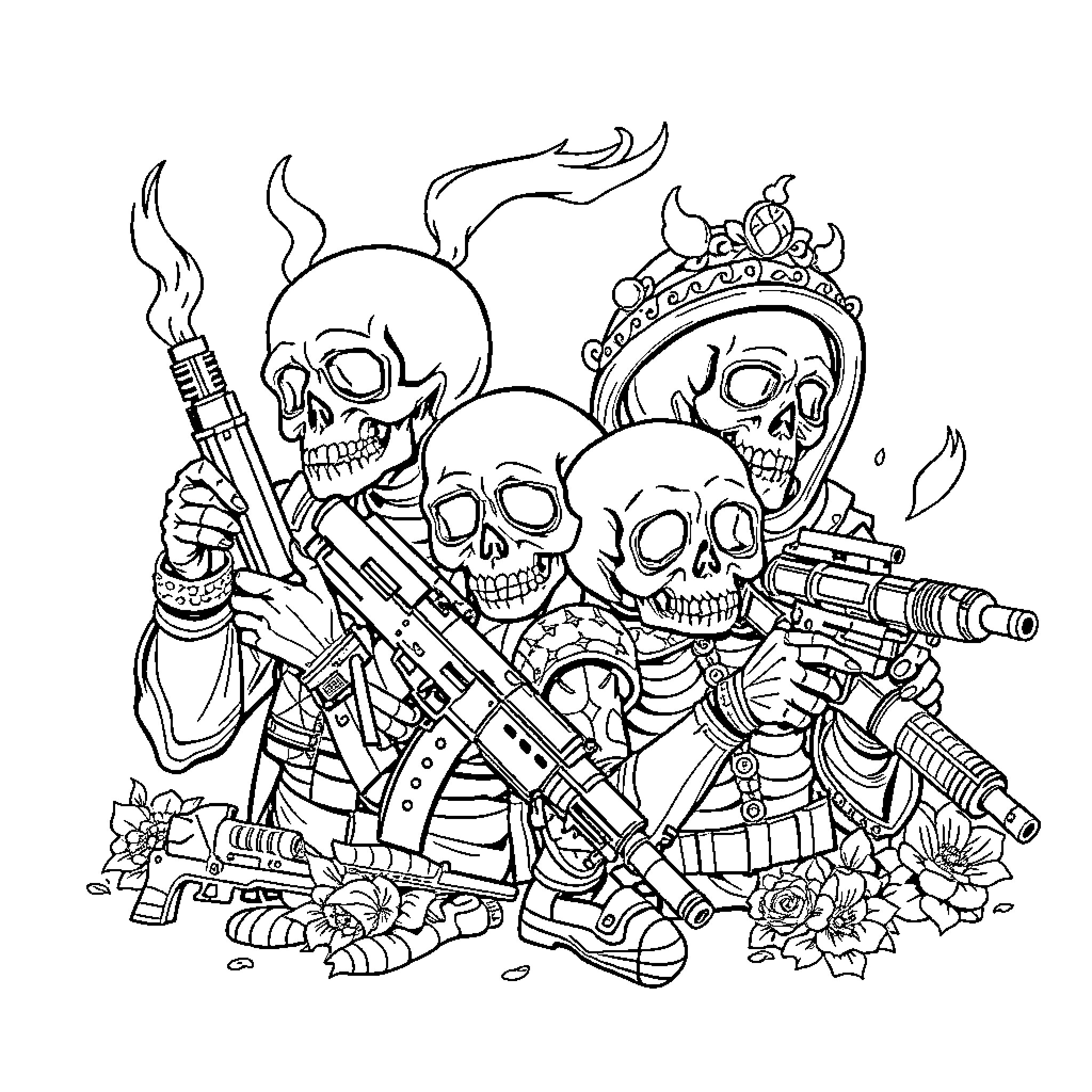 Calavera Armed Skeleton Warriors in Combat Gear Coloring Page (free black-and-white line drawing printable PDF for all, from beginners to advanced learners, including children, teens, adults, and seniors)