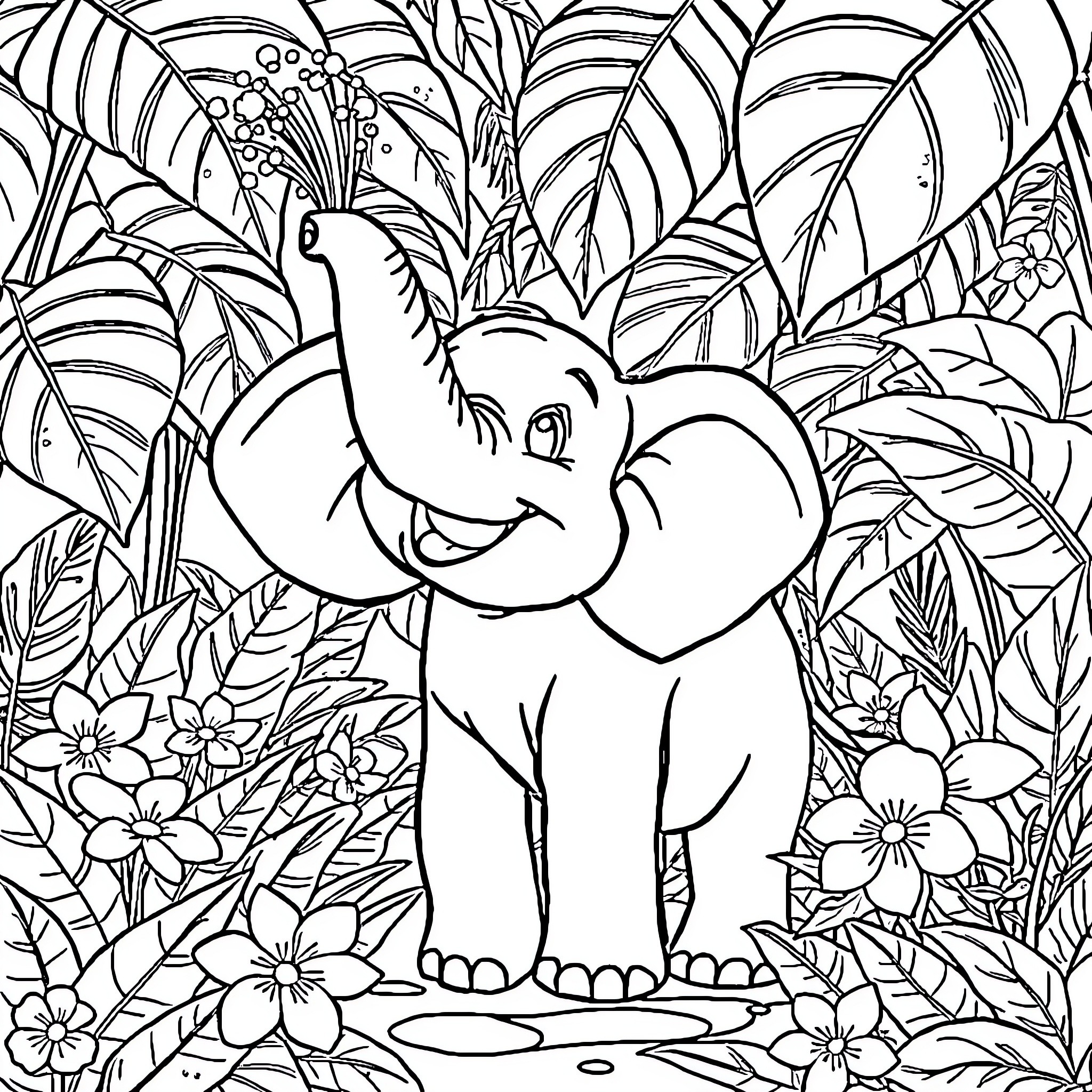 Elephant playing in the lush tropical jungle Coloring Page (free black-and-white line drawing printable PDF for all, from beginners to advanced learners, including children, teens, adults, and seniors)