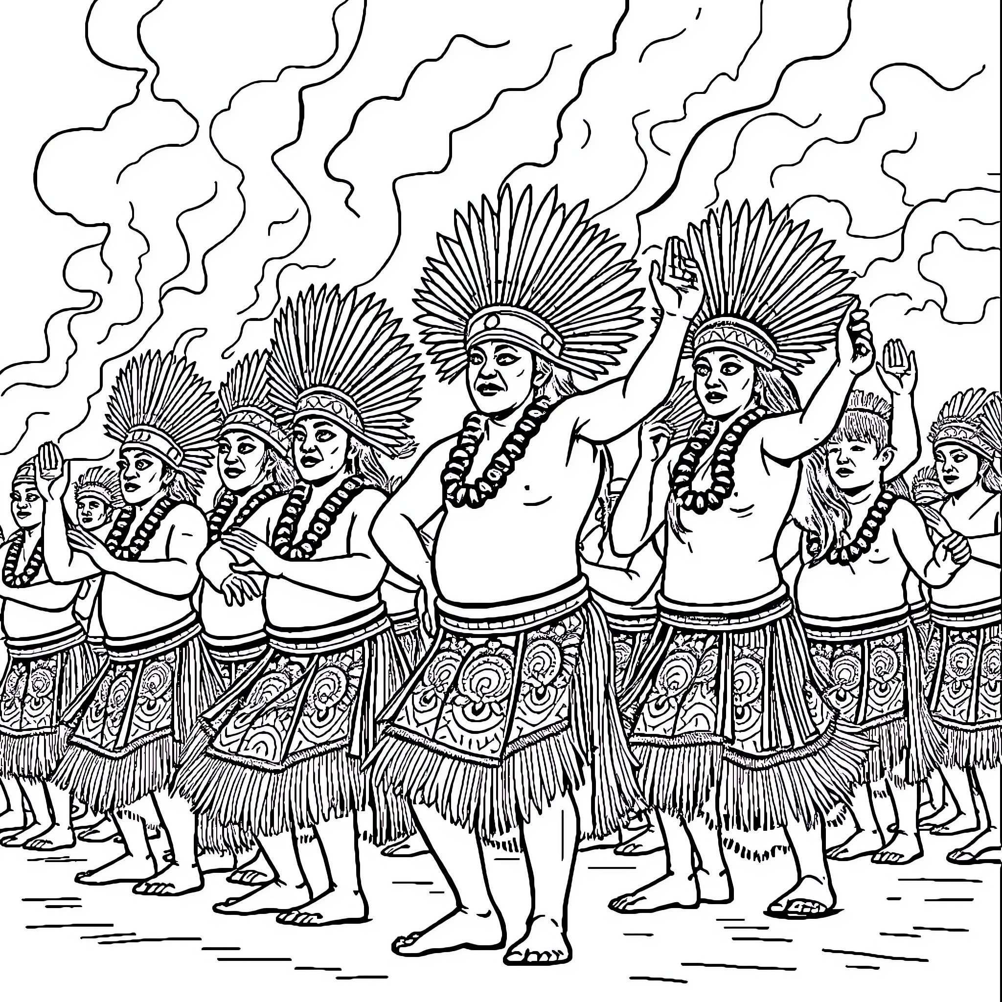 Kapahaka - Vibrant Indigenous Dance Performance Coloring Page (free black-and-white line drawing printable PDF for all, from beginners to advanced learners, including children, teens, adults, and seniors)