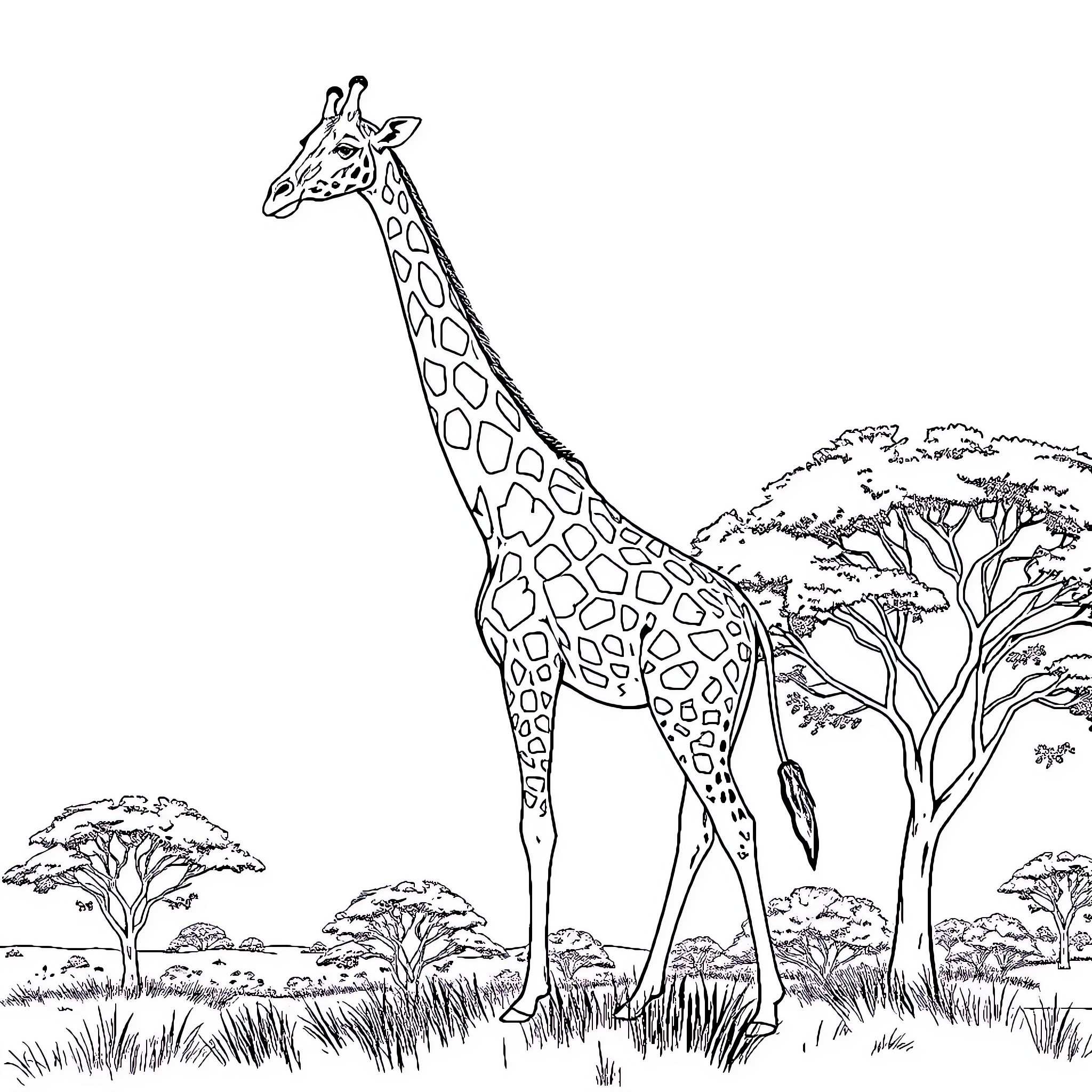 Giraffe standing in natural habitat Coloring Page (free black-and-white line drawing printable PDF for all, from beginners to advanced learners, including children, teens, adults, and seniors)
