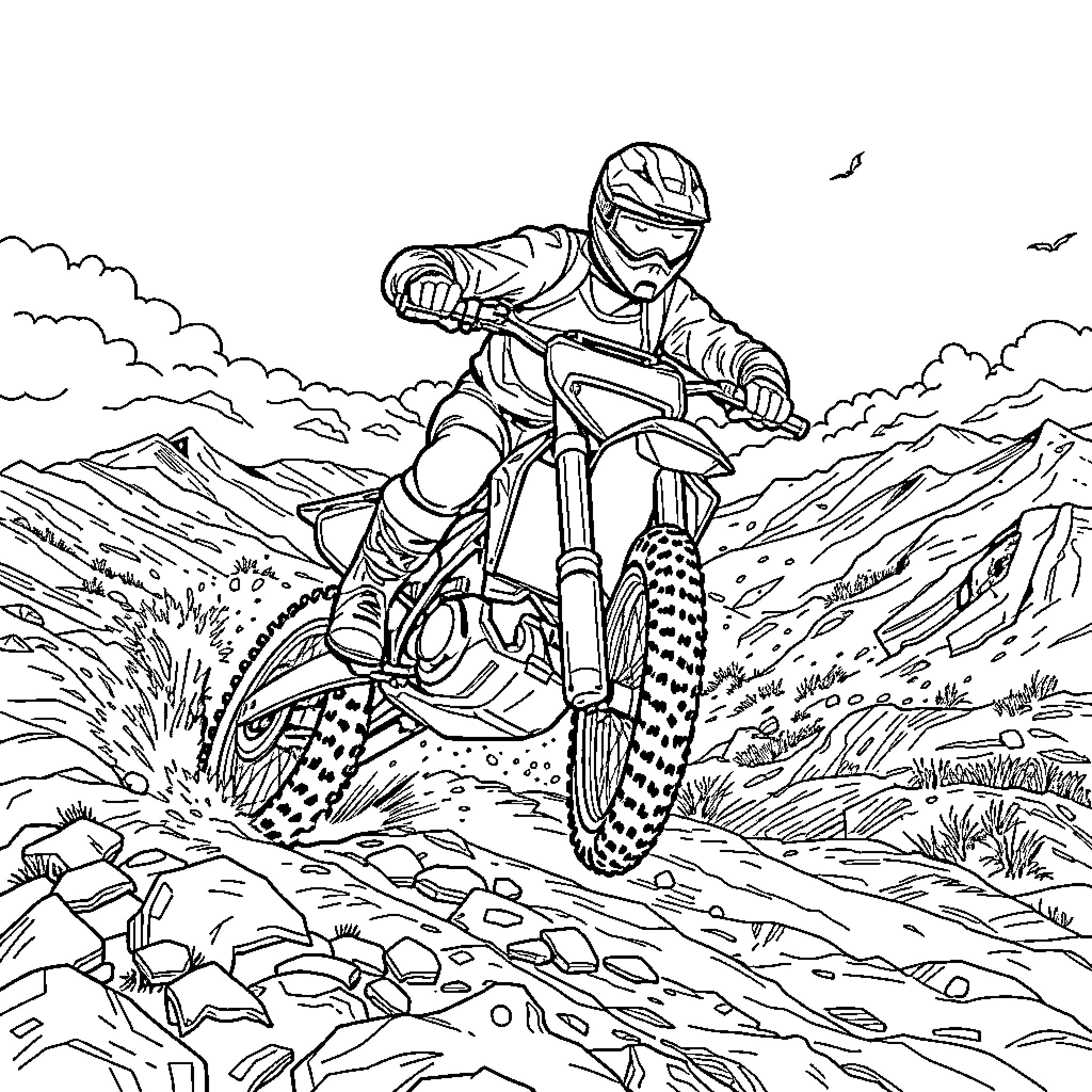 Dirt Bike Rider Navigating Rocky Terrain Coloring Page (free black-and-white line drawing printable PDF for all, from beginners to advanced learners, including children, teens, adults, and seniors)
