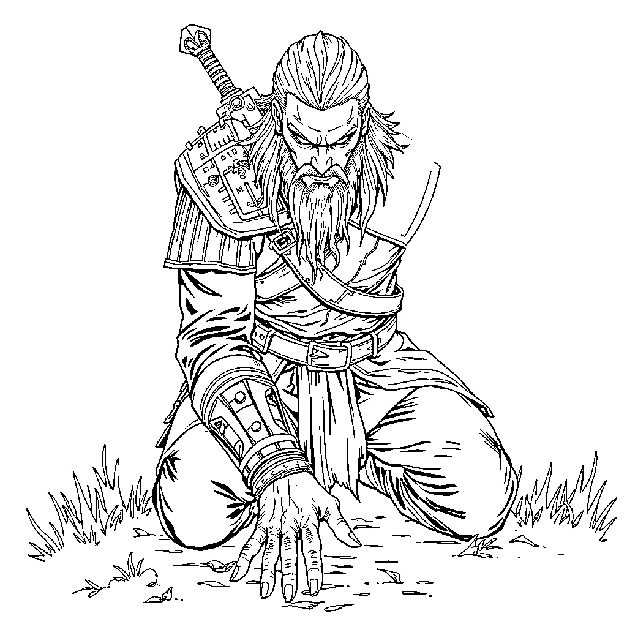 Witcher warrior wielding sword with determination Coloring Page (free black-and-white line drawing printable PDF for all, from beginners to advanced learners, including children, teens, adults, and seniors)