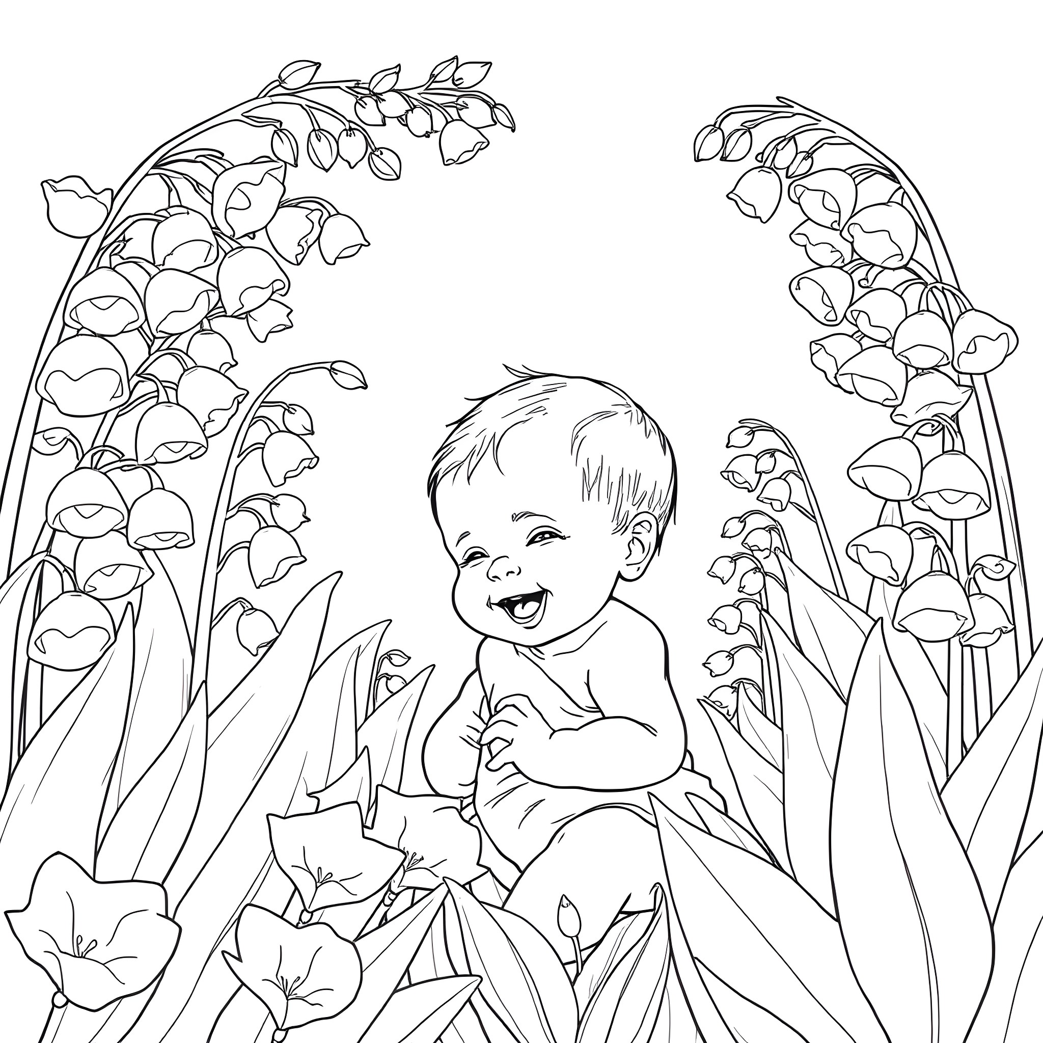 Baby giggling happily in a floral garden Coloring Page (free black-and-white line drawing printable PDF for all, from beginners to advanced learners, including children, teens, adults, and seniors)