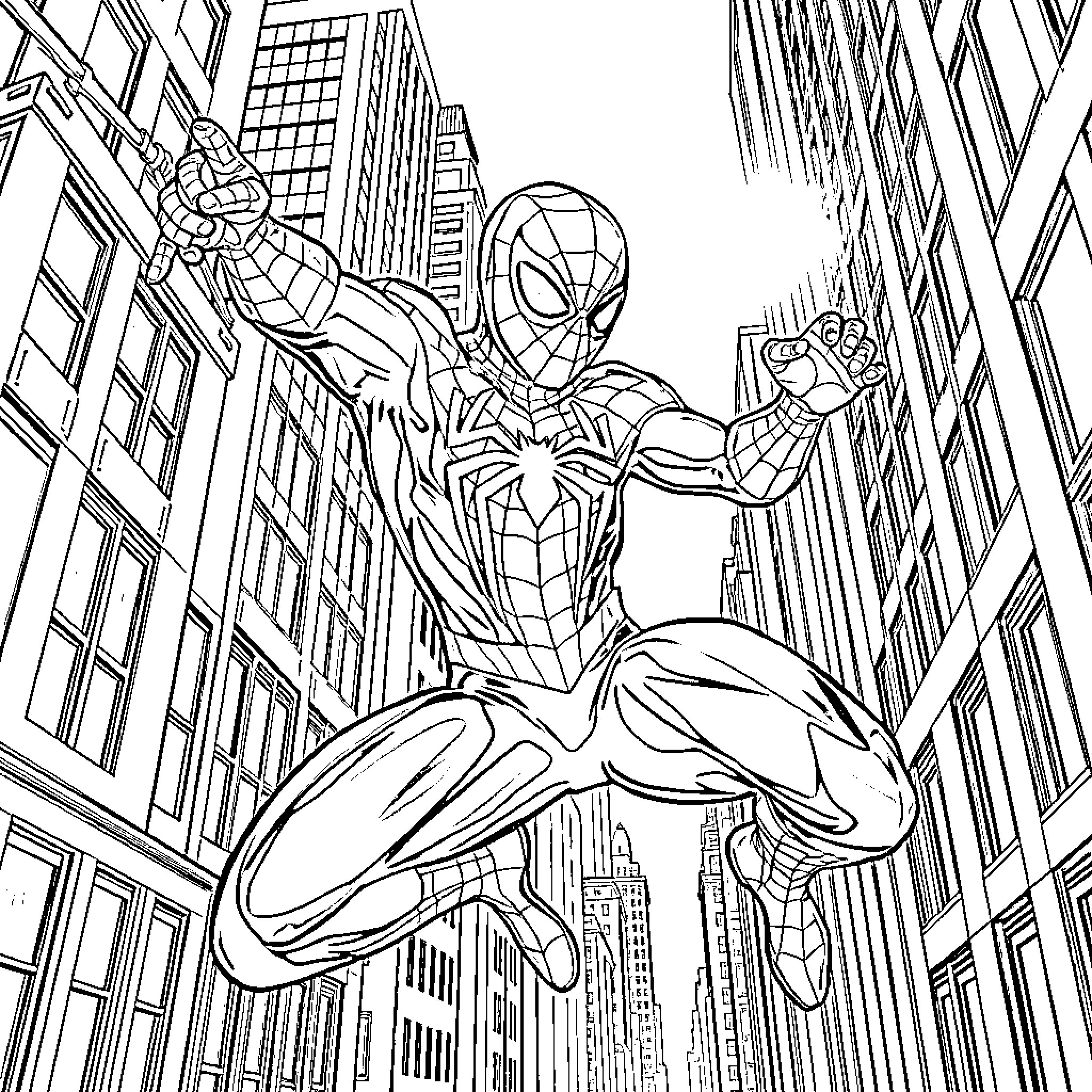 Spider-Man swinging through the city skyline Coloring Page (free black-and-white line drawing printable PDF for all, from beginners to advanced learners, including children, teens, adults, and seniors)