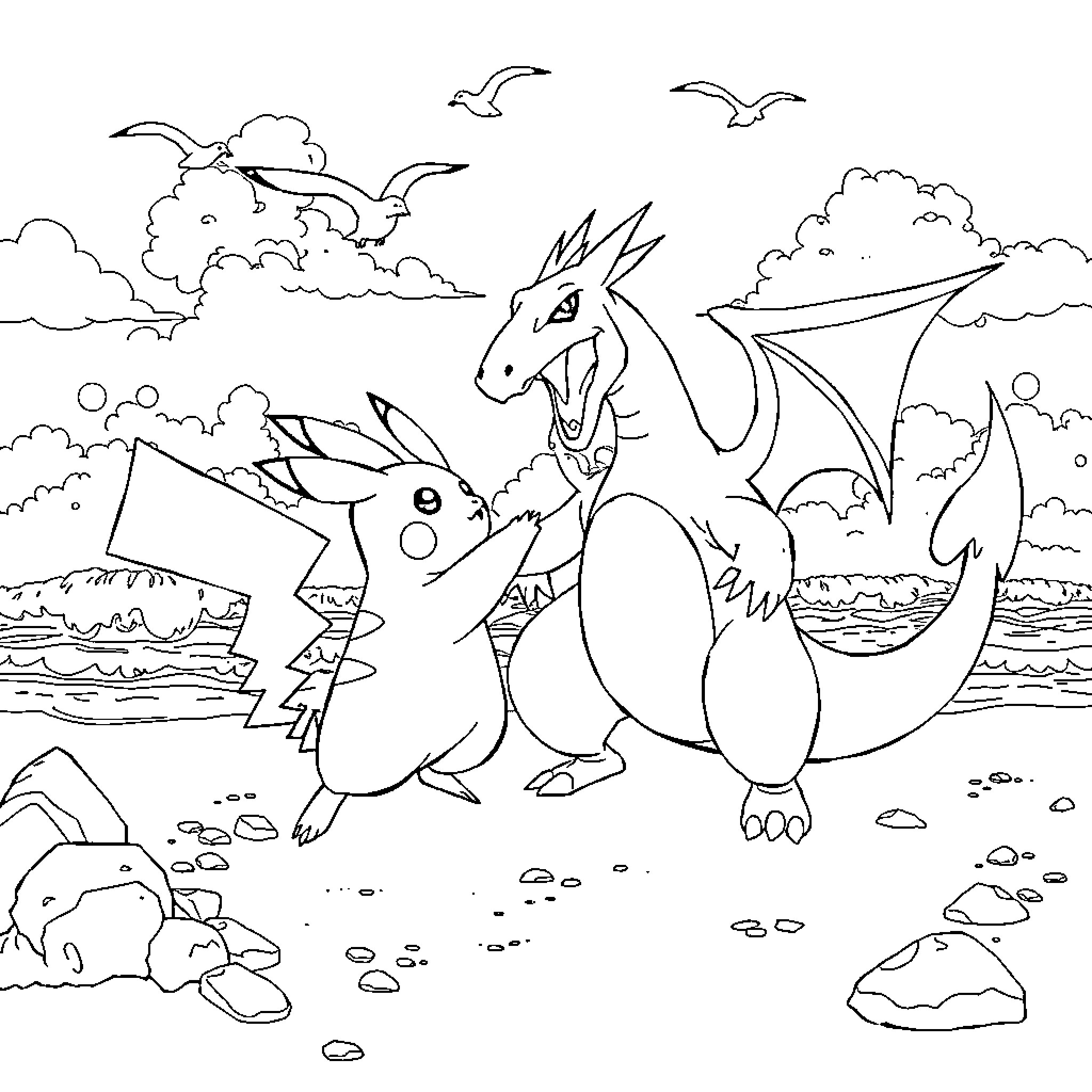 Pikachu and Dragon Enjoying Sunny Beach Scene Coloring Page (free black-and-white line drawing printable PDF for all, from beginners to advanced learners, including children, teens, adults, and seniors)