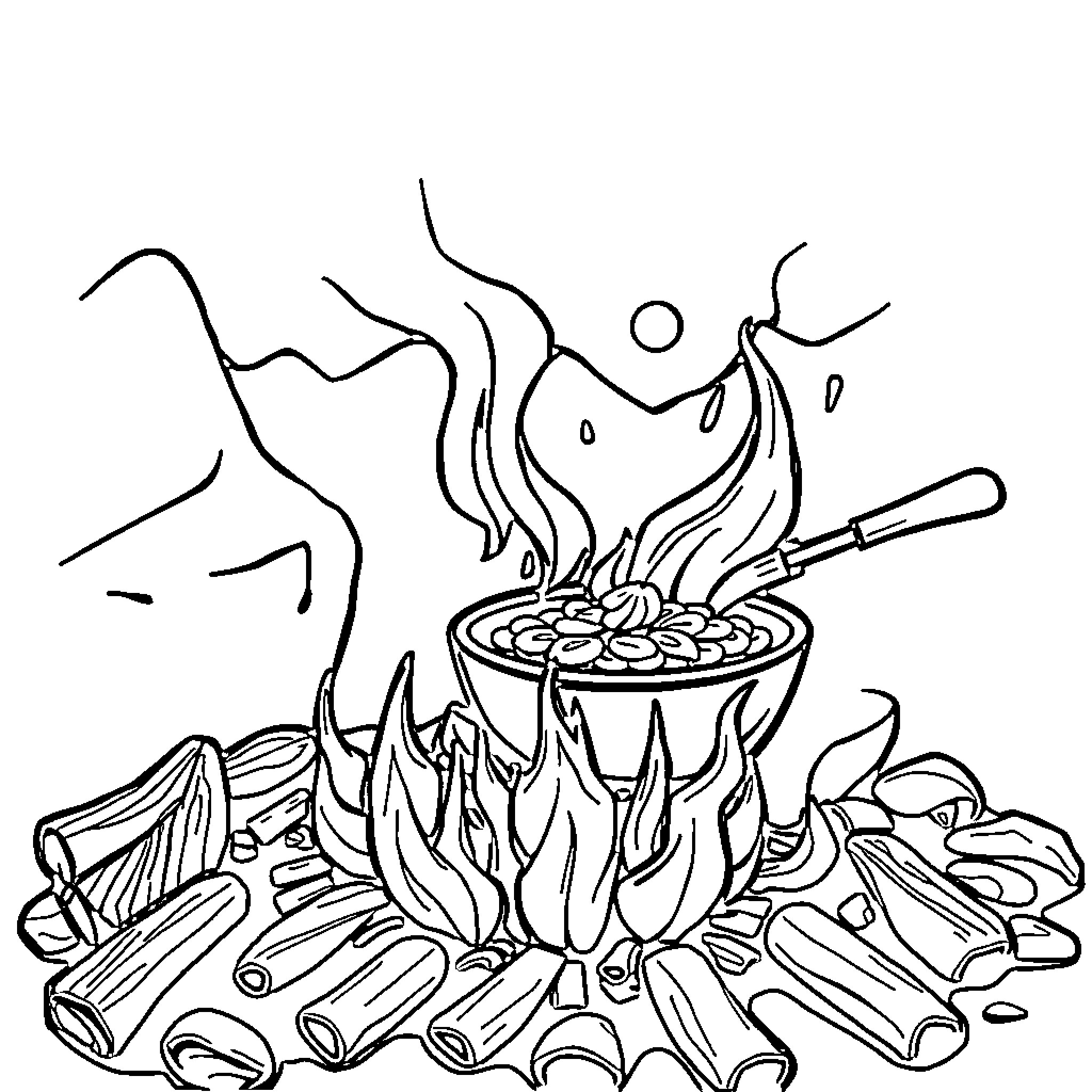 Rock campfire cooking outdoors in nature Coloring Page (free black-and-white line drawing printable PDF for all, from beginners to advanced learners, including children, teens, adults, and seniors)