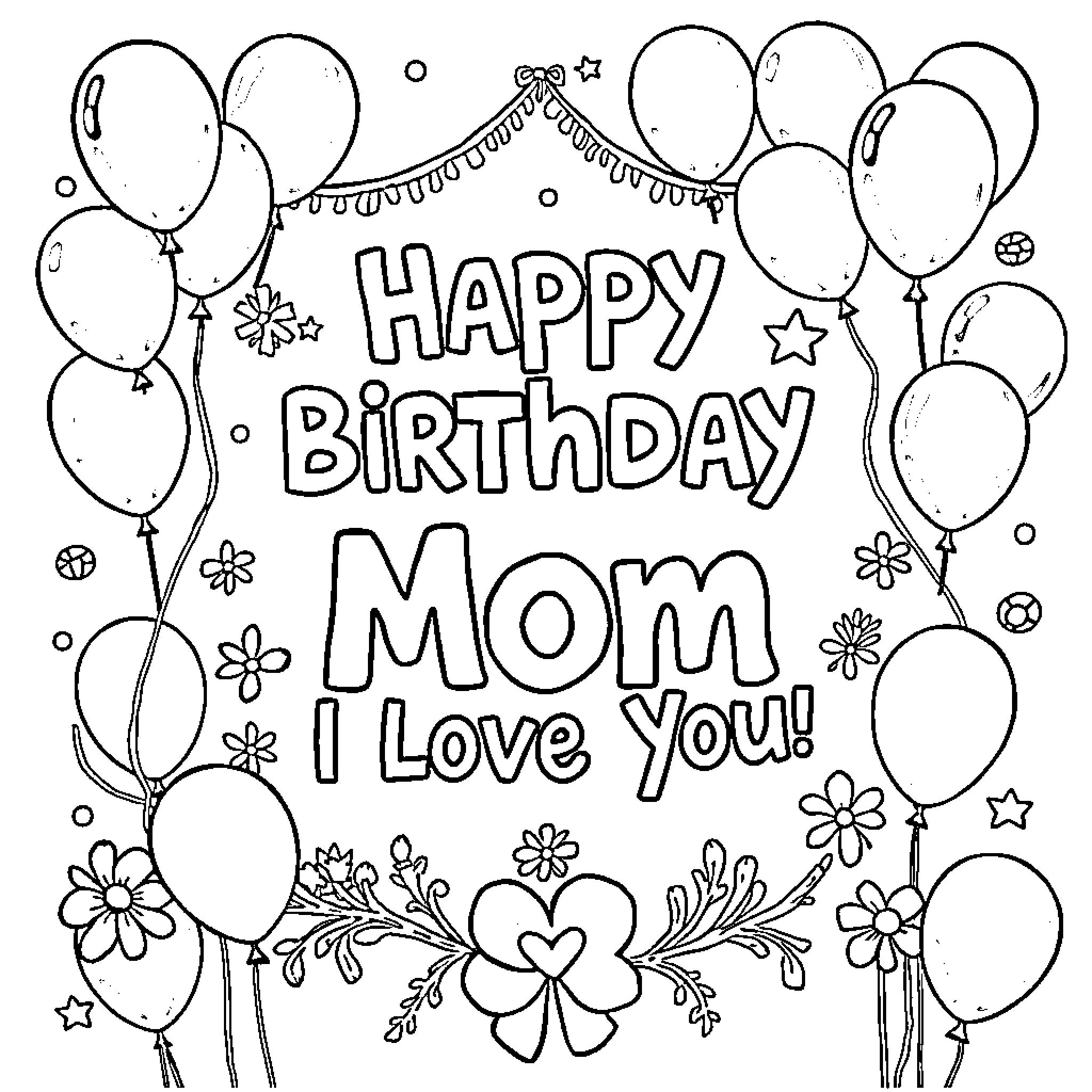 Birthday celebration with balloons, flowers, and loving message Coloring Page (free black-and-white line drawing printable PDF for all, from beginners to advanced learners, including children, teens, adults, and seniors)