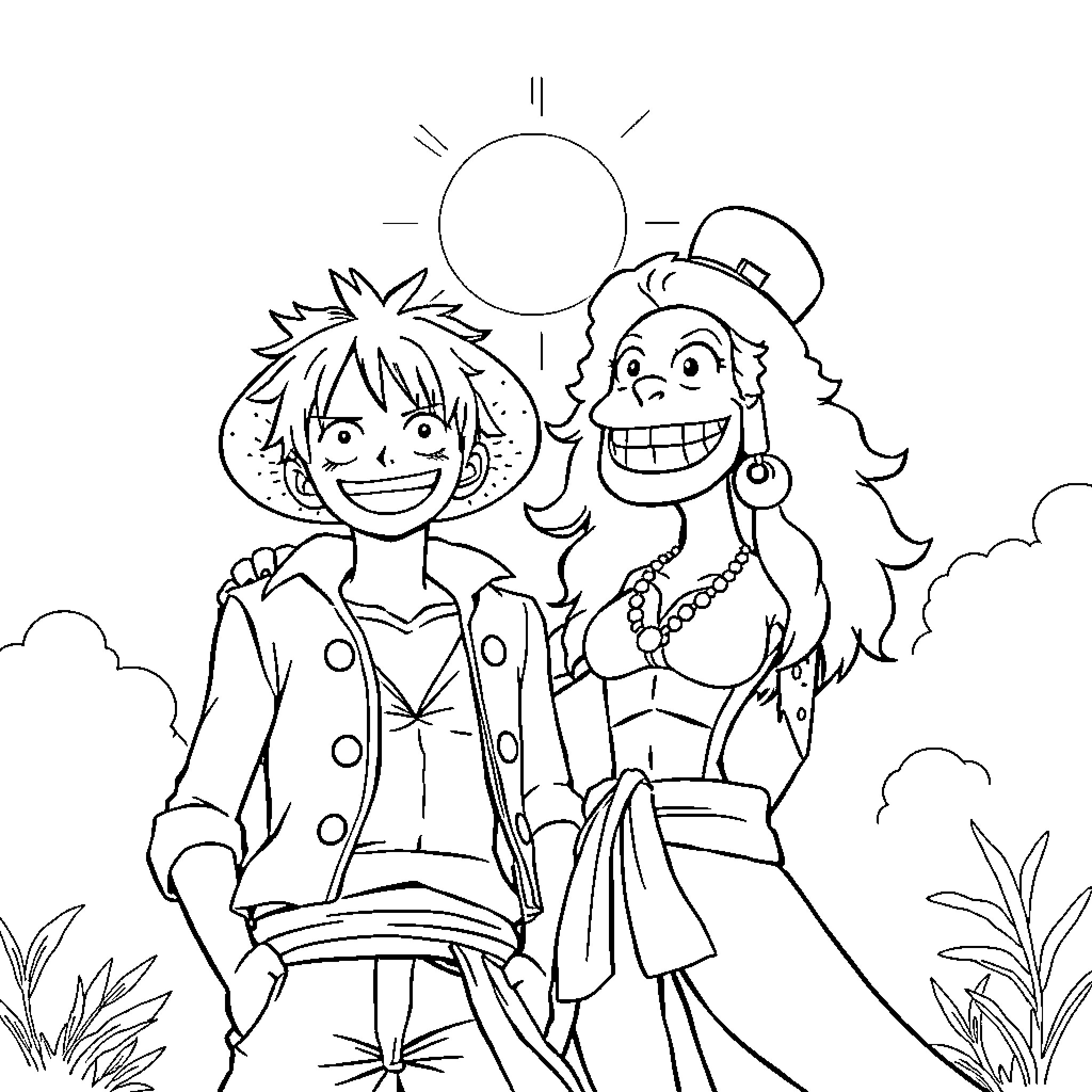 Luffy and Nami enjoying a sunny day outdoors Coloring Page (free black-and-white line drawing printable PDF for all, from beginners to advanced learners, including children, teens, adults, and seniors)