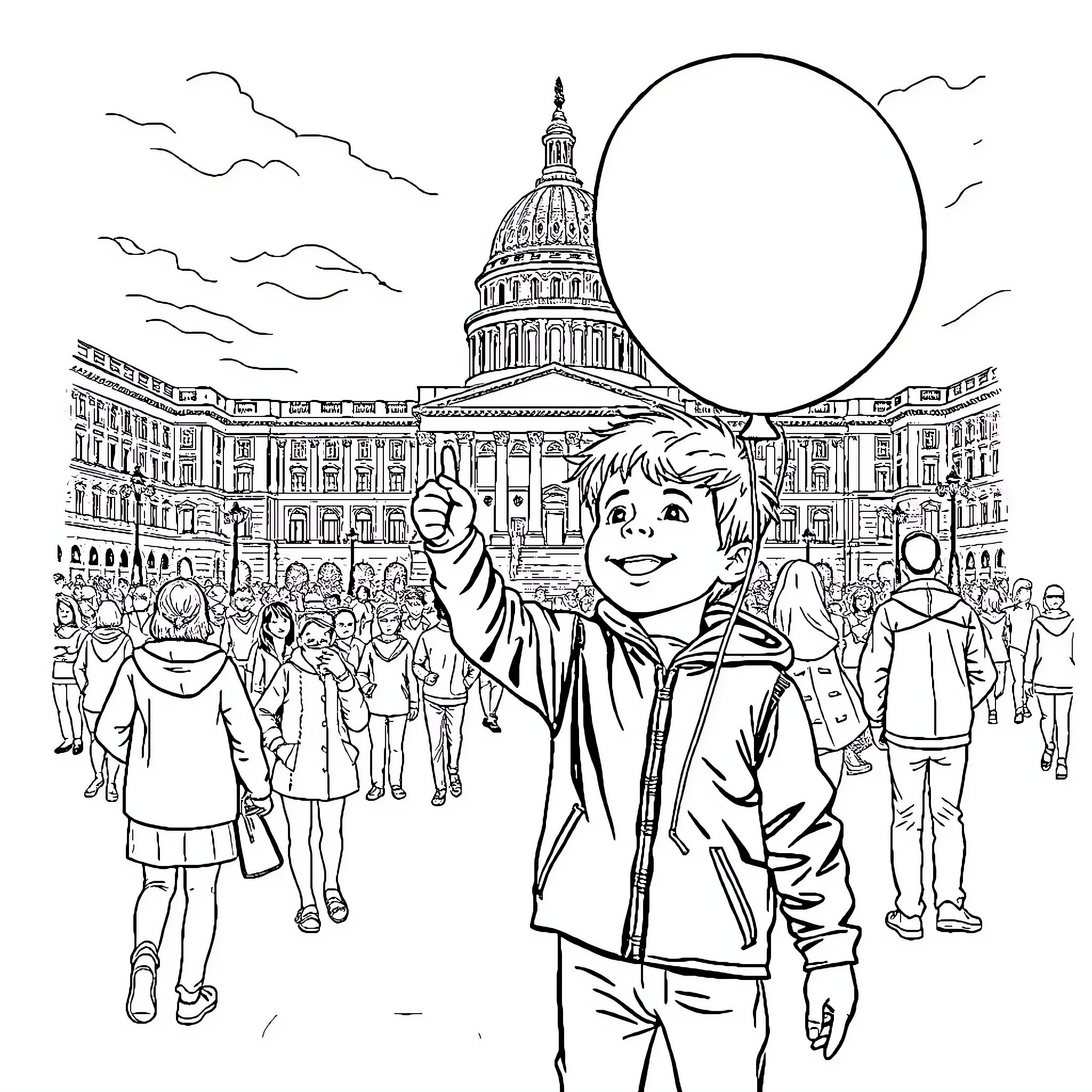 Child exploring the bustling city with excitement Coloring Page (free black-and-white line drawing printable PDF for all, from beginners to advanced learners, including children, teens, adults, and seniors)